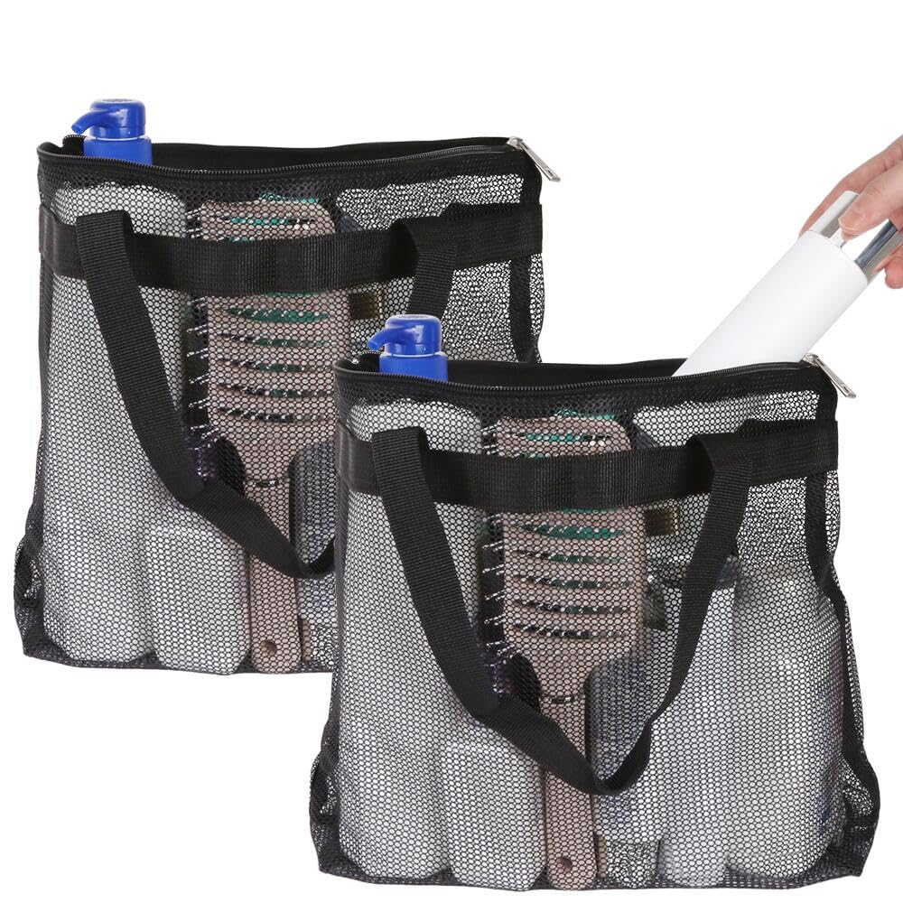 KAKULO Shower Caddy Mesh Tote Bag 2 PCS Mesh Shower Bag with Zipper Hanging Bath Organizer for College