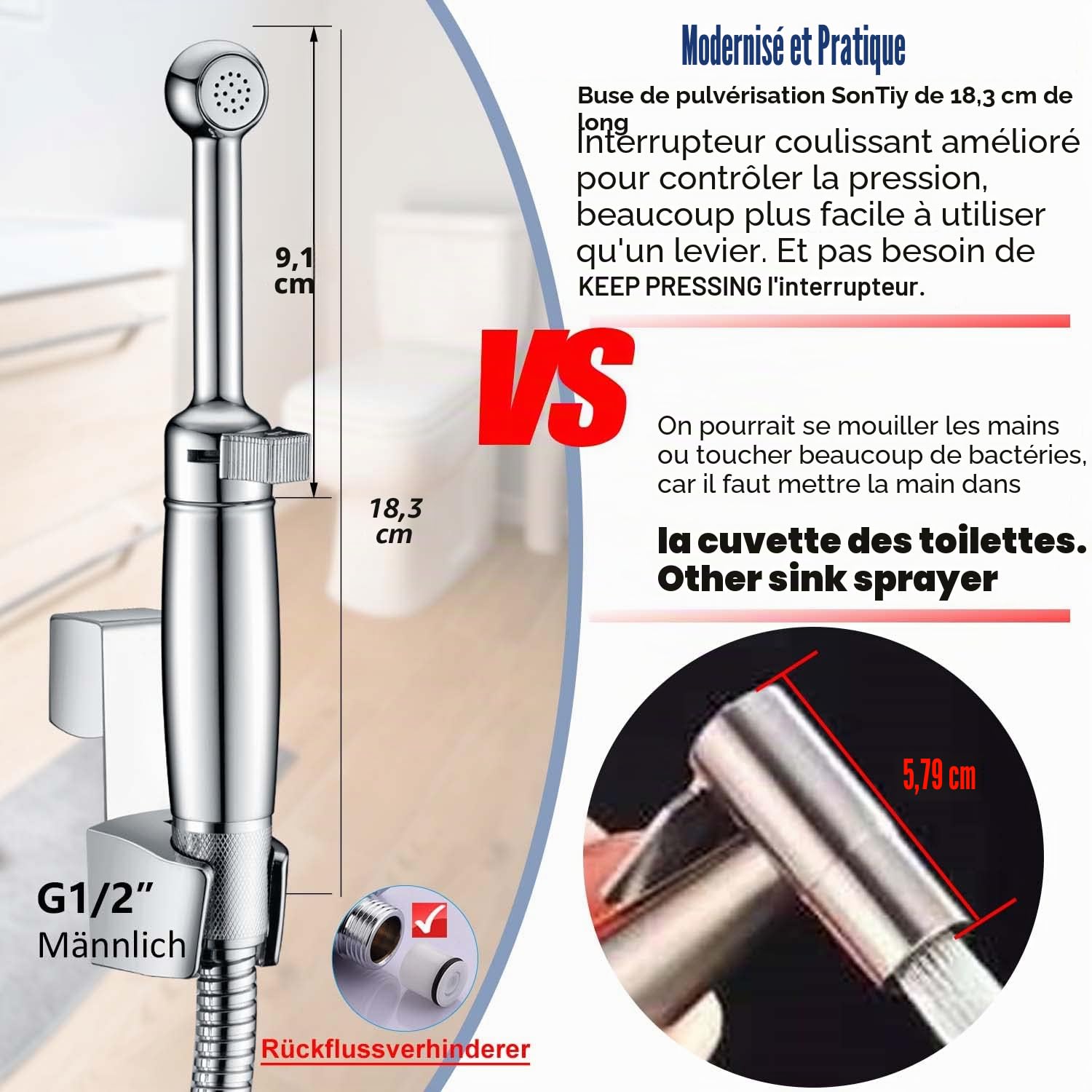 Tout métal Kit de douchette de bidet SonTiy - Pour toilettes, salle de bain, Avec pression et support réglables -chromé - Robinetterie pour WC, hygiène personnelle et nettoyage des couches