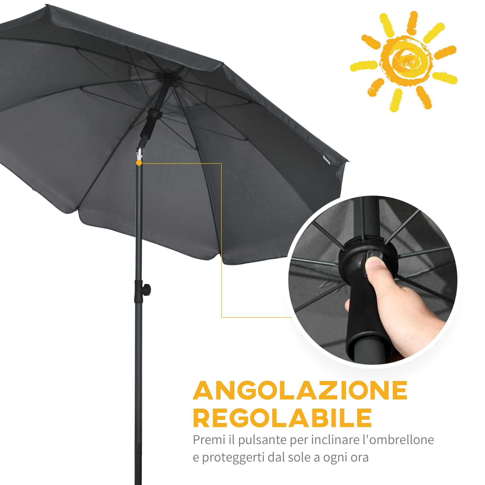 Outsunny Ombrellone da Spiaggia Ø1.8x2 m con Tettuccio Reclinabile a 45°, Ombrellone da Esterno con 8 Stecche e Design a 2 Sezioni in Acciaio e Poliestere 160g/㎡, UV50+