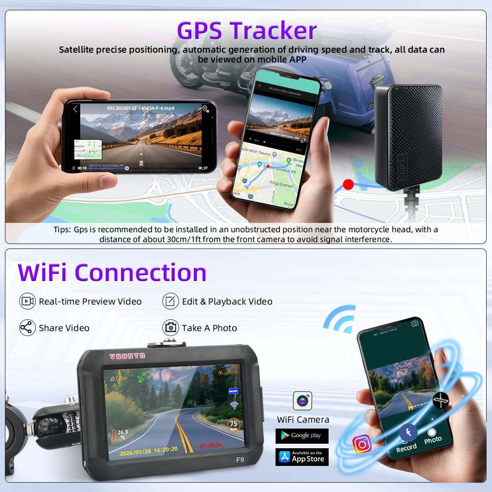 VSYSTO Dashcam per moto WiFi a tre ruote, 3 sensori di pressione pneumatici, schermo da 4'', grandangolo 150°, visione notturna Starlight, modalità di visualizzazione assistita Sistema DVR moto