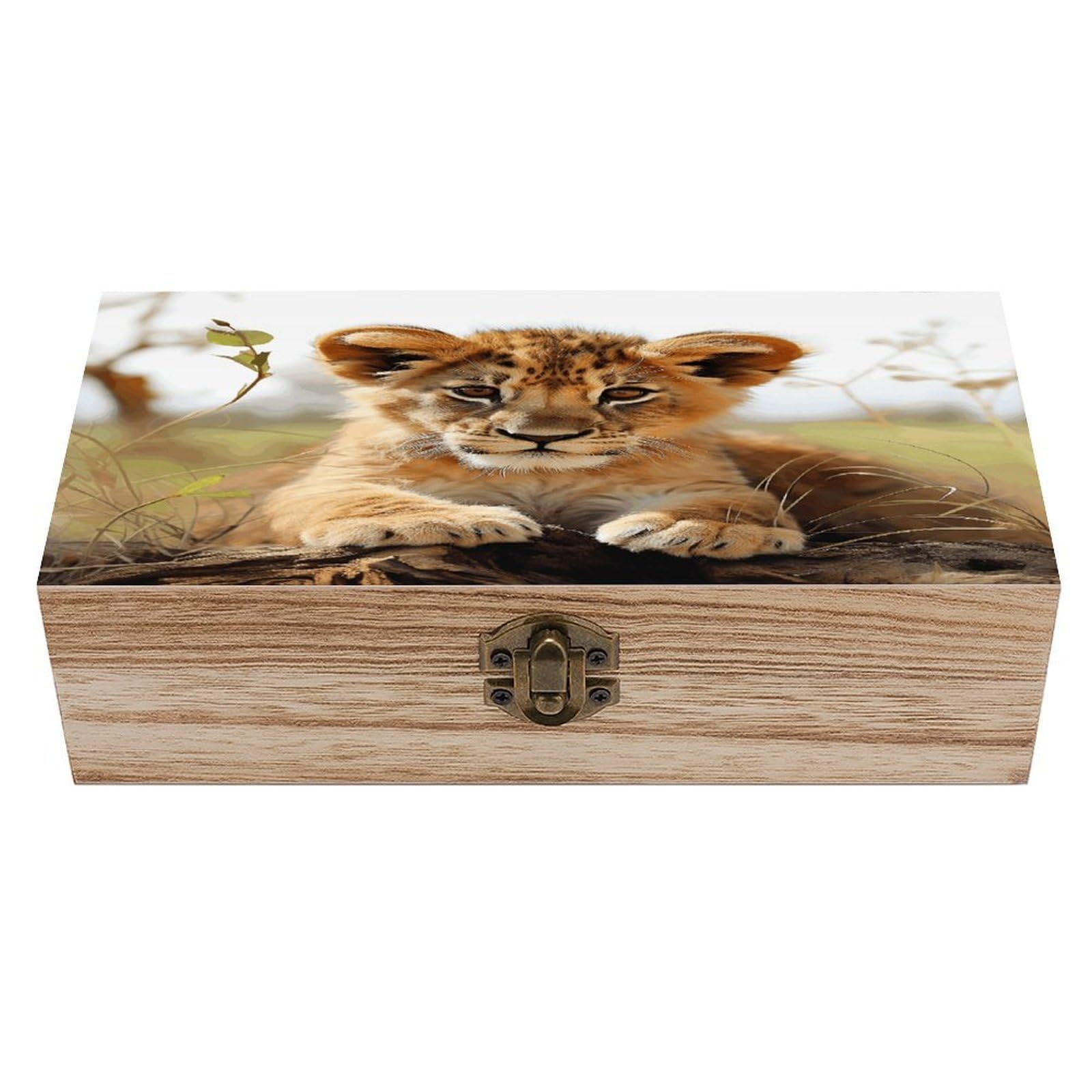 VstaDank Cute Little Animal Lion Wooden Storage Box Wooden Keepsake Box with Hinged Lid Exquisite Solid Wood Decorative Jewelry Case Memory Box for Jewelry Photos Letters Crafts Trinkets