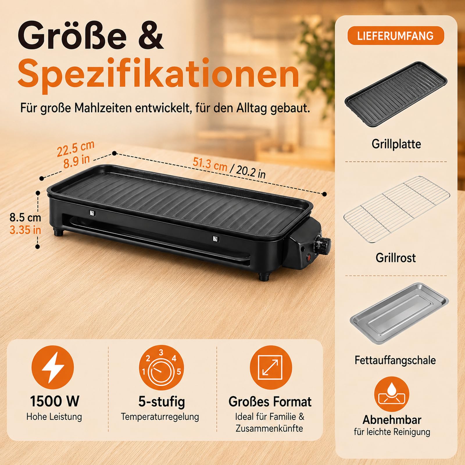 Barbacoa de mesa eléctrica con plancha 2 en 1, gran superficie de parrilla para interior y exterior, 1500 W, 5 niveles de calor ajustables, parrilla eléctrica con plancha para balcón y cocina, fácil