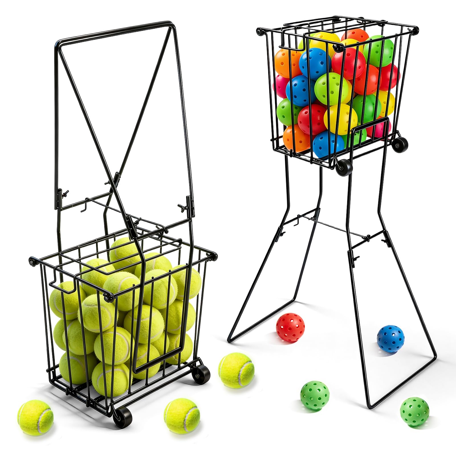 Portable Pickleball Tennis Ball Collector with Wheel, 90 Tennis Balls Capacity, Pickleball Retriever Basket Carrier Gatherer Picker Hopper Container