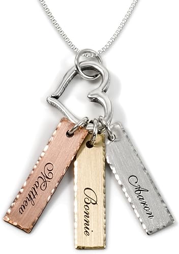 Collar personalizado con un corazón y tres barras de plata fina en diferentes tonos Plata fina de 14 quilates color dorada rosada y plateada