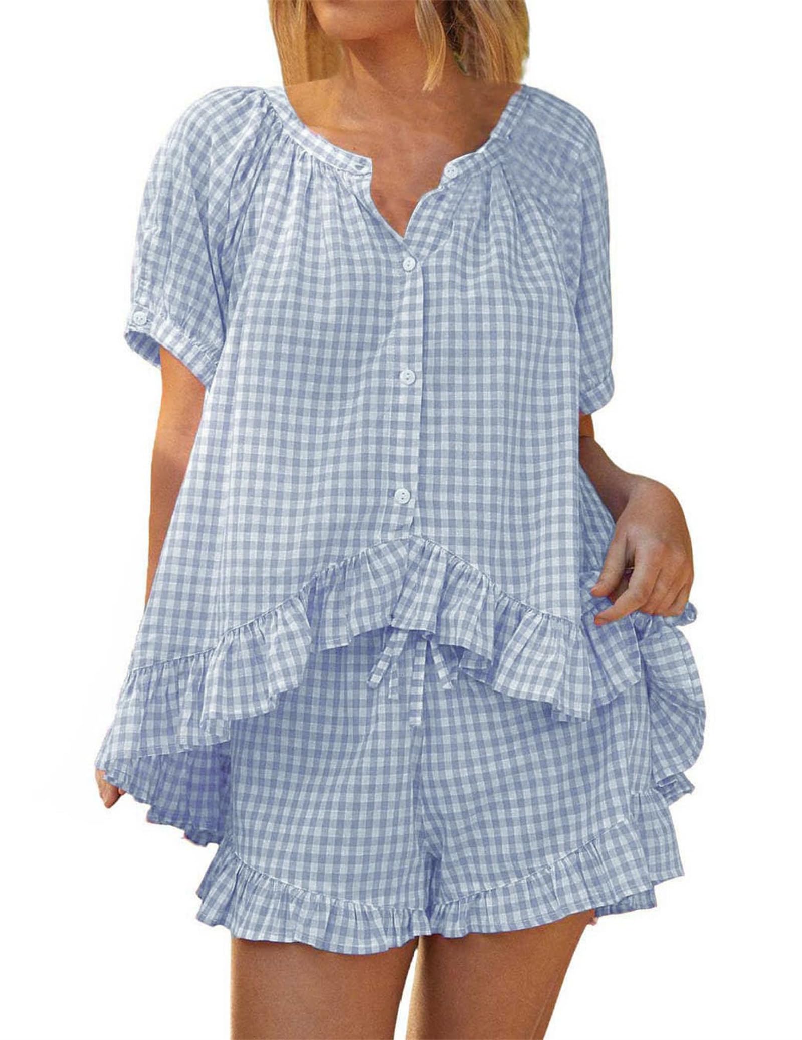 Generisch Damen 2 Stück Ruffle Pyjama Set Gingham Pjs Kurzarm Babydoll Shirt und Shorts Niedliche Sommer Outfits