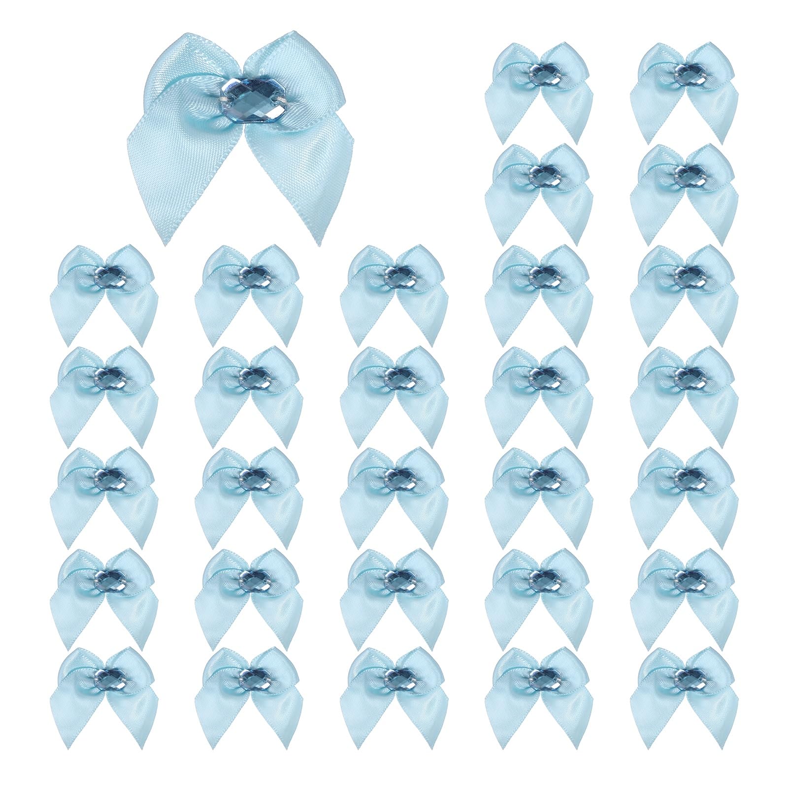 sourcing map 100Pcs Mini Satin Ribbon Bows with Rhinestones,1.38inch Mini Ribbon Flowers Appliques for DIY Christmas Wedding Decor Party Hair Sewing Candy Bags Scrapbooking Gift, Sky Blue — image 1