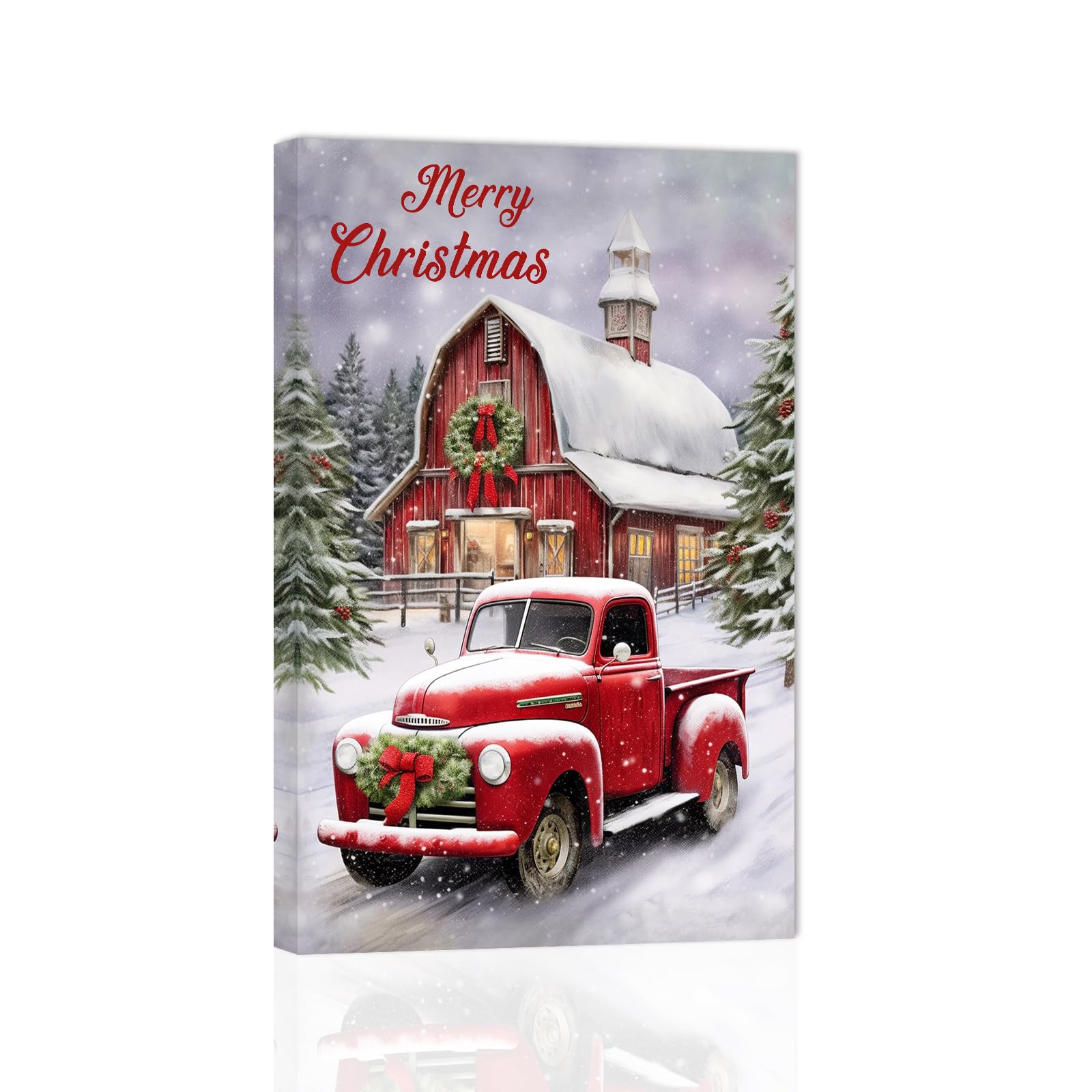 ZXHYWYM Christmas Canvas Wall Art Rustic Red Truck Poster Wall Decor Merry Christmas Wall Picture Winter Scene Art Print Frame (16" x 24")