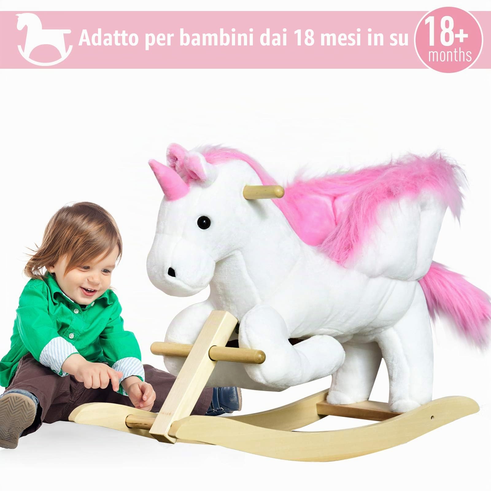 HOMCOM Cavallo a Dondolo a Forma di Unicorno con Musica, Struttura in Metallo e Legno, Rivestimento Peluche, 69x32x57cm, Bianco Rosa