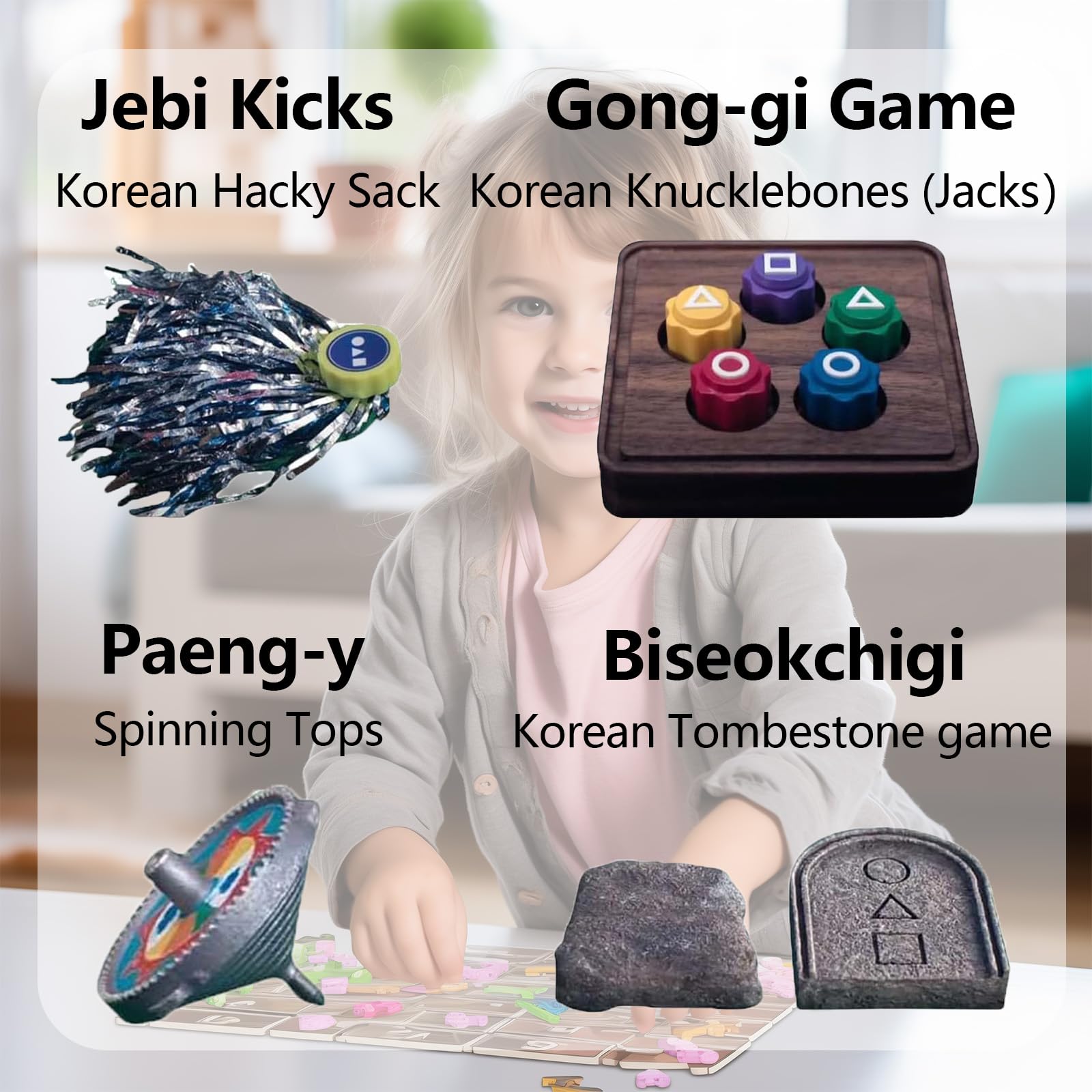 Gonggi – Jeu Coréen 3D Avec Pierres Métalliques – Jebi Chagi, Biseokchigi, Paeng-Y, Ddakji – Entraîne Coordination Œil-Main – Dès 3 Ans (Kit E)