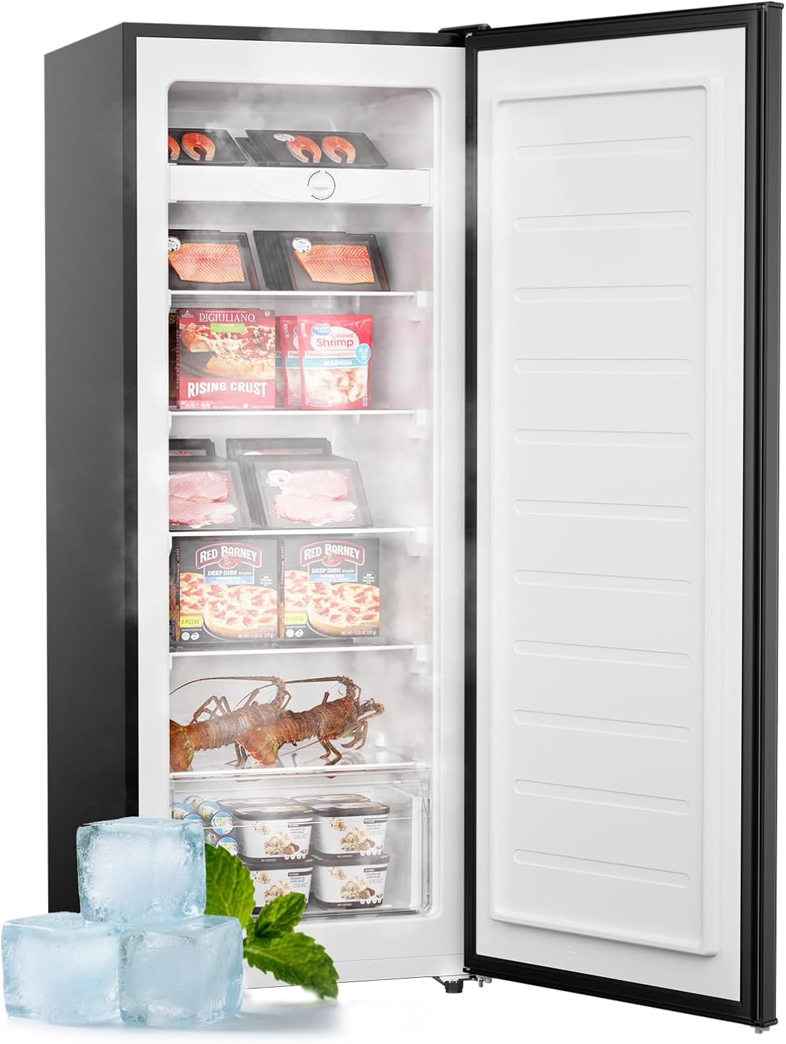 インテリア view of Upstreman freezer with food items on shelves and in crisper drawer