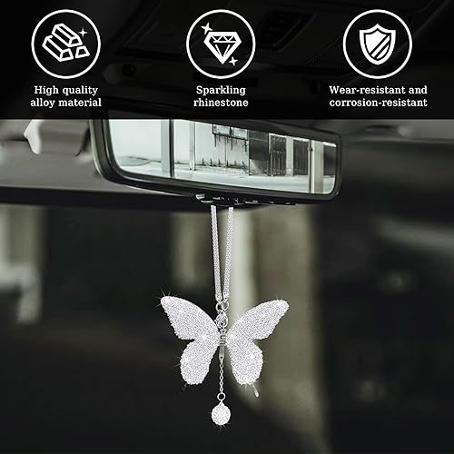Miniatura 9 de Dickno Accesorios de automóvil con diseño de mariposa brillante para mujer, colgante de adorno de espejo retrovisor de automóvil de diamante, regalo