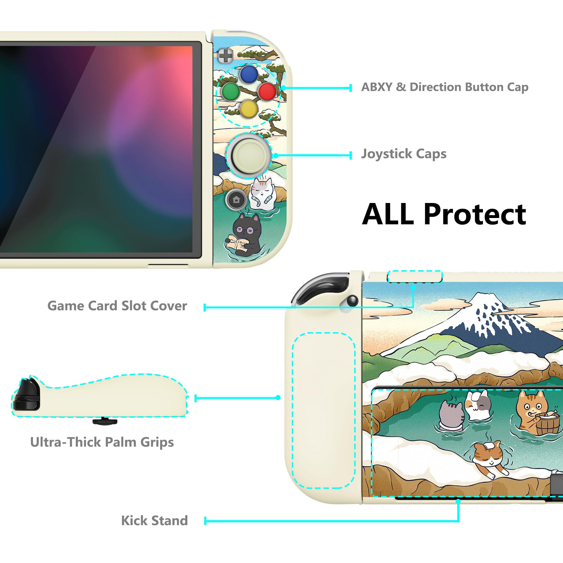 playvital ZealProtect Soft Protective Case for Nintendo Switch OLED, Flexible Protector Joycon Grip Cover for Switch OLED with Thumb Grip Caps & ABXY Direction Button Caps - Hot Spring Kitties — view 5