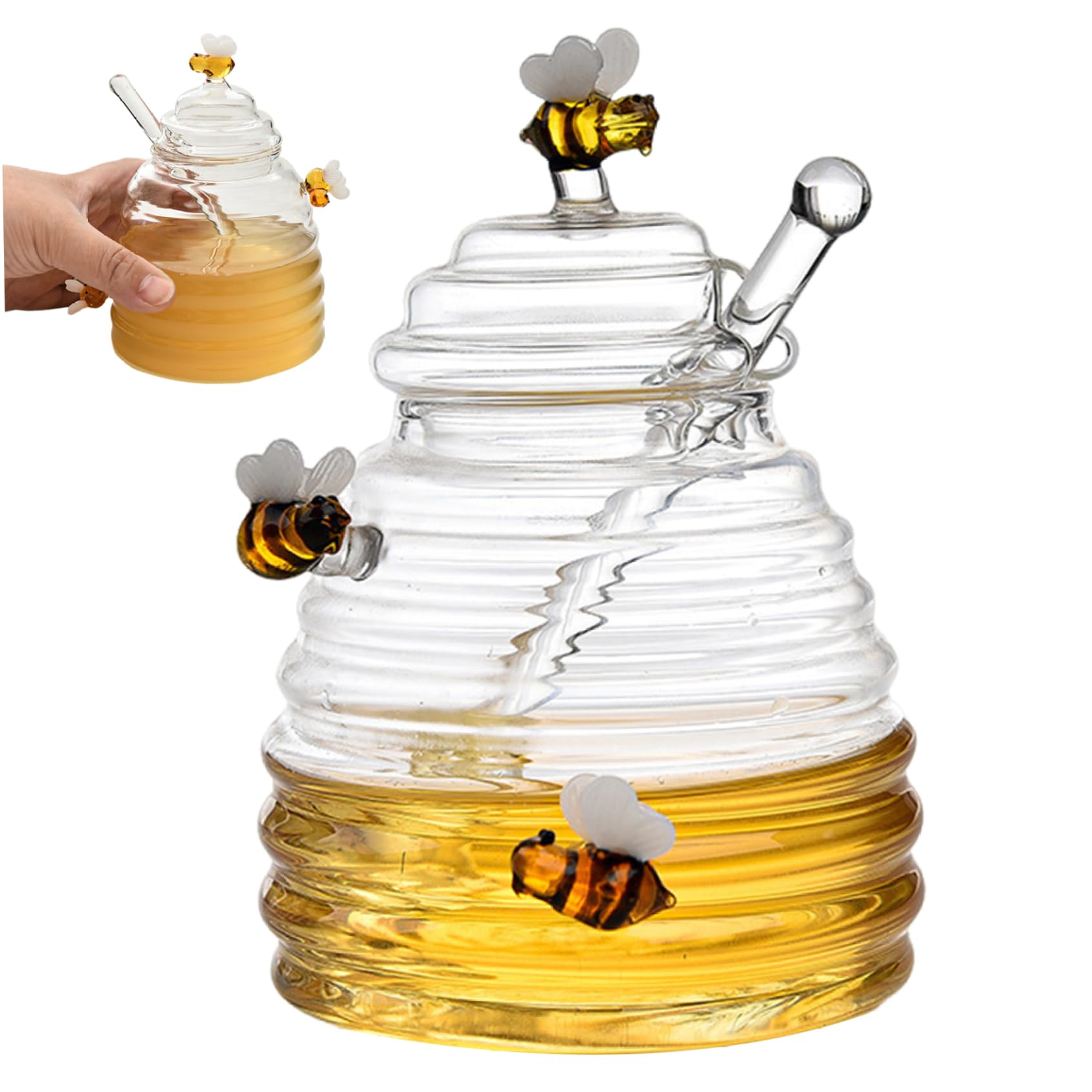 1Set Honey Pot with Cute Honeybees 500ml Honey Jar with Dipper and Lid Cover Honey Pot and Drizzler Transparent Honey Jar with Dipper for Store Honey and Syrup Honey Jar Honey Jars with Lids Honey Pot