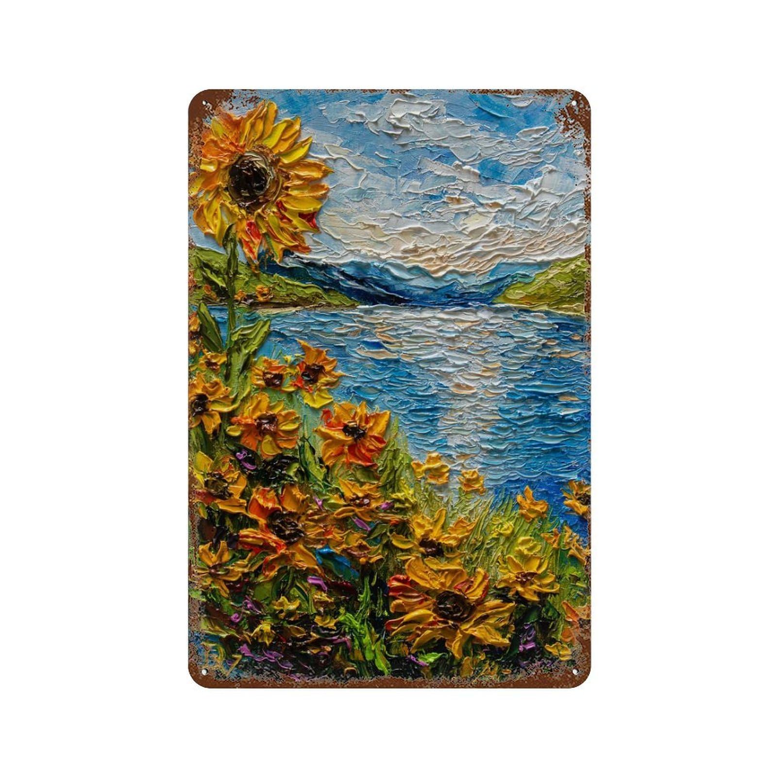 Vintage Rust Metal Sign Sunflower Field by The Lake Painting 11.8"x7.9", Old School Wall Decor for Garage, Bar And Workshop Decor