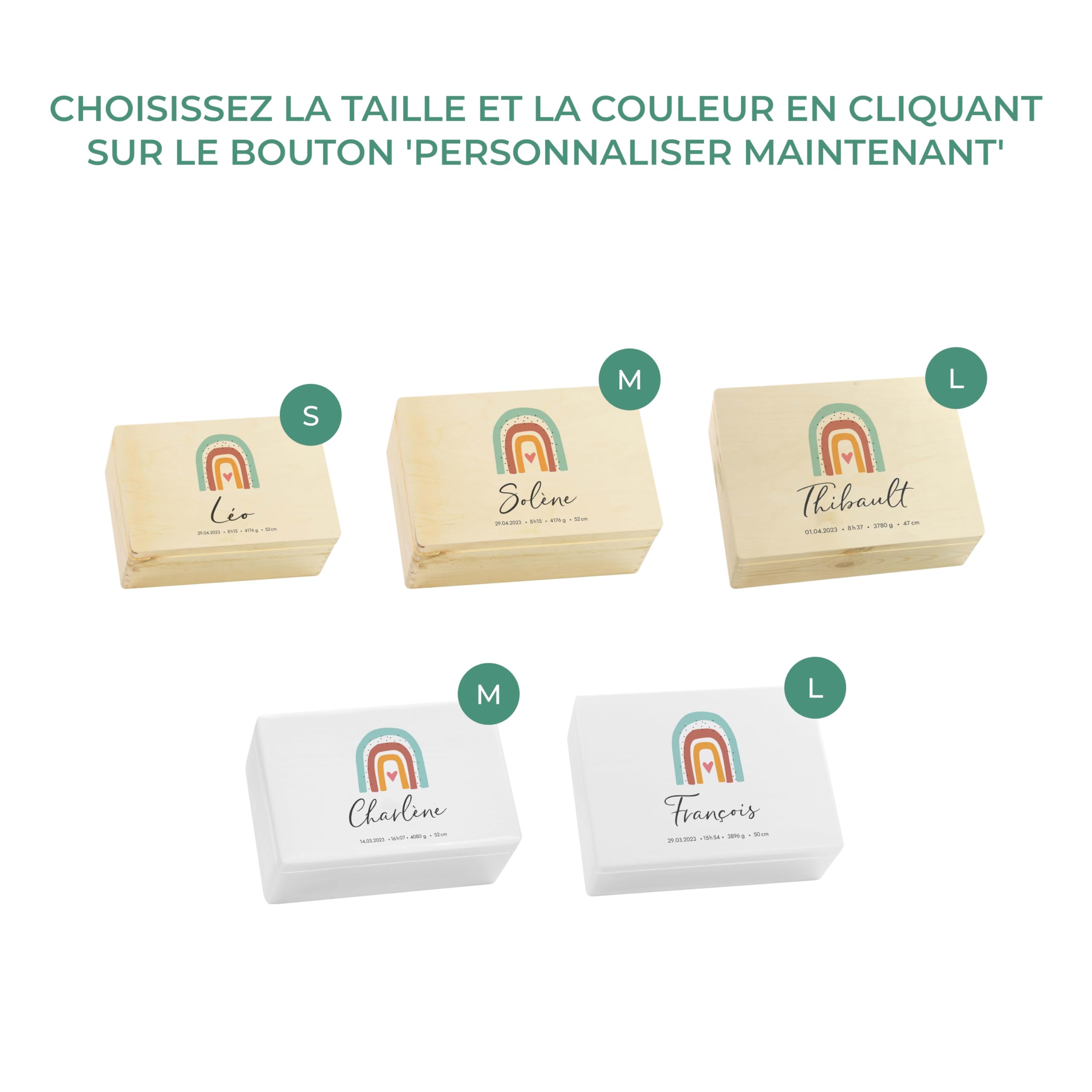 LAUBLUST Boîte à souvenirs bébé personnalisée - Cadeau de naissance avec prénom | Arc-en-Ciel, tailles S, M, L - Boîte à souvenirs pour filles & garçons | Boîte en bois naturel ou blanc, FSC®