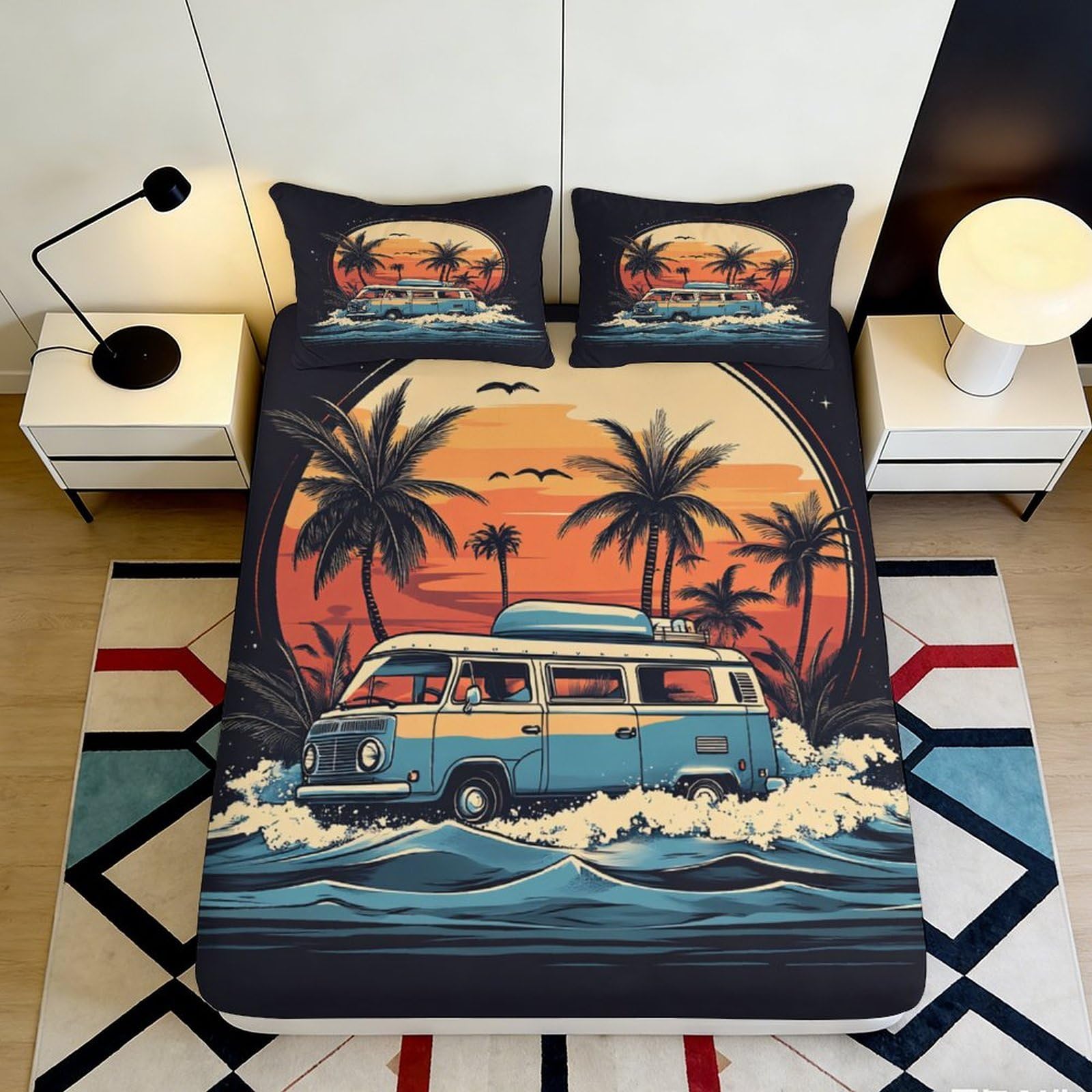 3D Printed Sunset Beach Van Fitted Sheet Microfiber Soft Palm Tree Mattress Cover for Bedroom Dorm Decor Protection 90x200x25cm