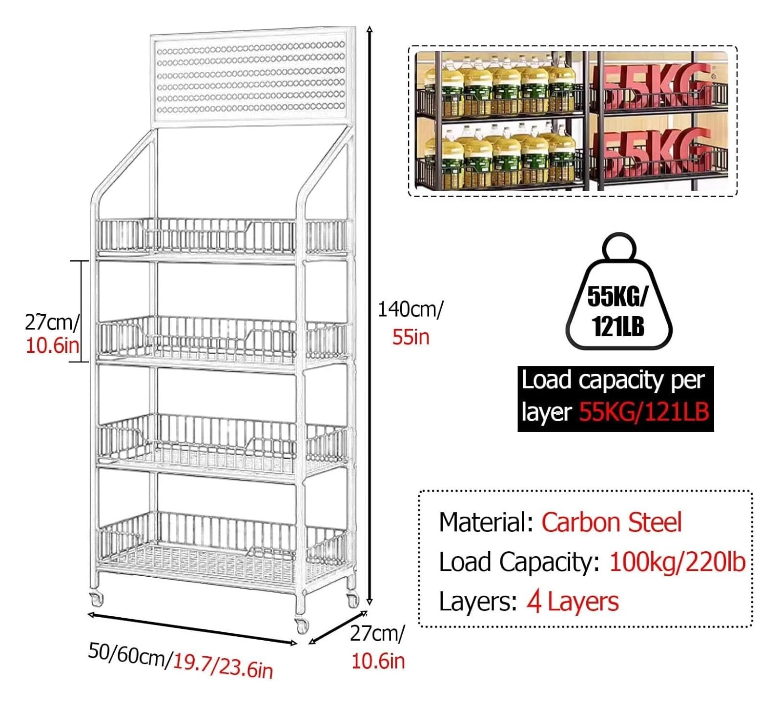 Expositor metálico de 4 Niveles para Snacks con Ruedas y Ganchos: Ideal para Cine en casa y Tiendas, solución de Almacenamiento en mostrador (60 x 27 x 140 cm)