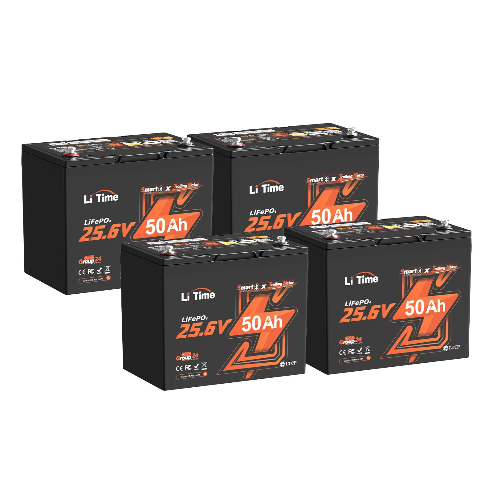 LiTime 4 Pack 24V 50Ah Bluetooth Lithium Trolling Motor Battery