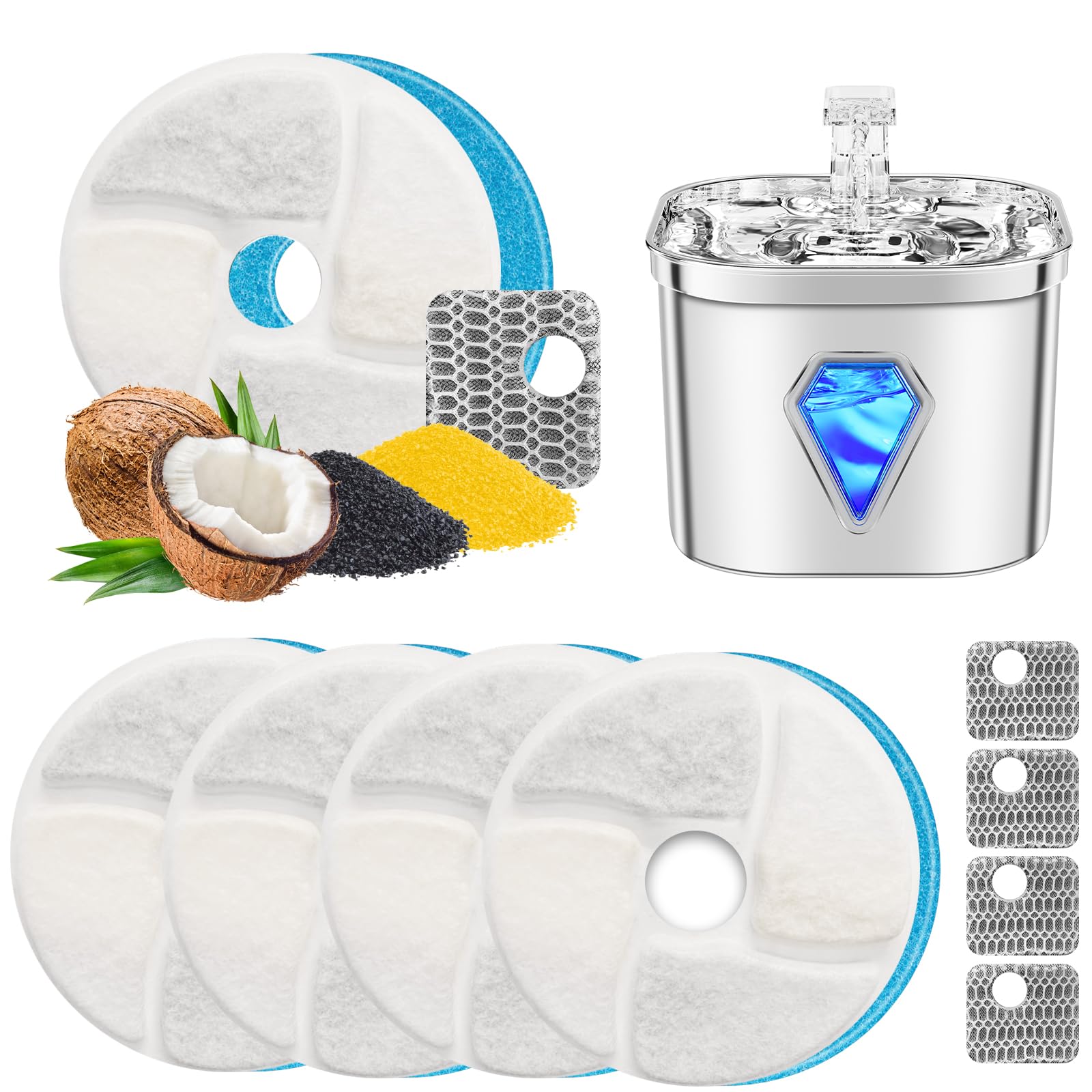 Tyonto Dispensador Agua para Gatos Perros Acero Inoxidable Desinfección,USB Recargable,ultrasilencioso,Filtro Doble Esponja carbón Activo (plateado, filtro azul*4+elemento filtro blanco*4+algodón*4)