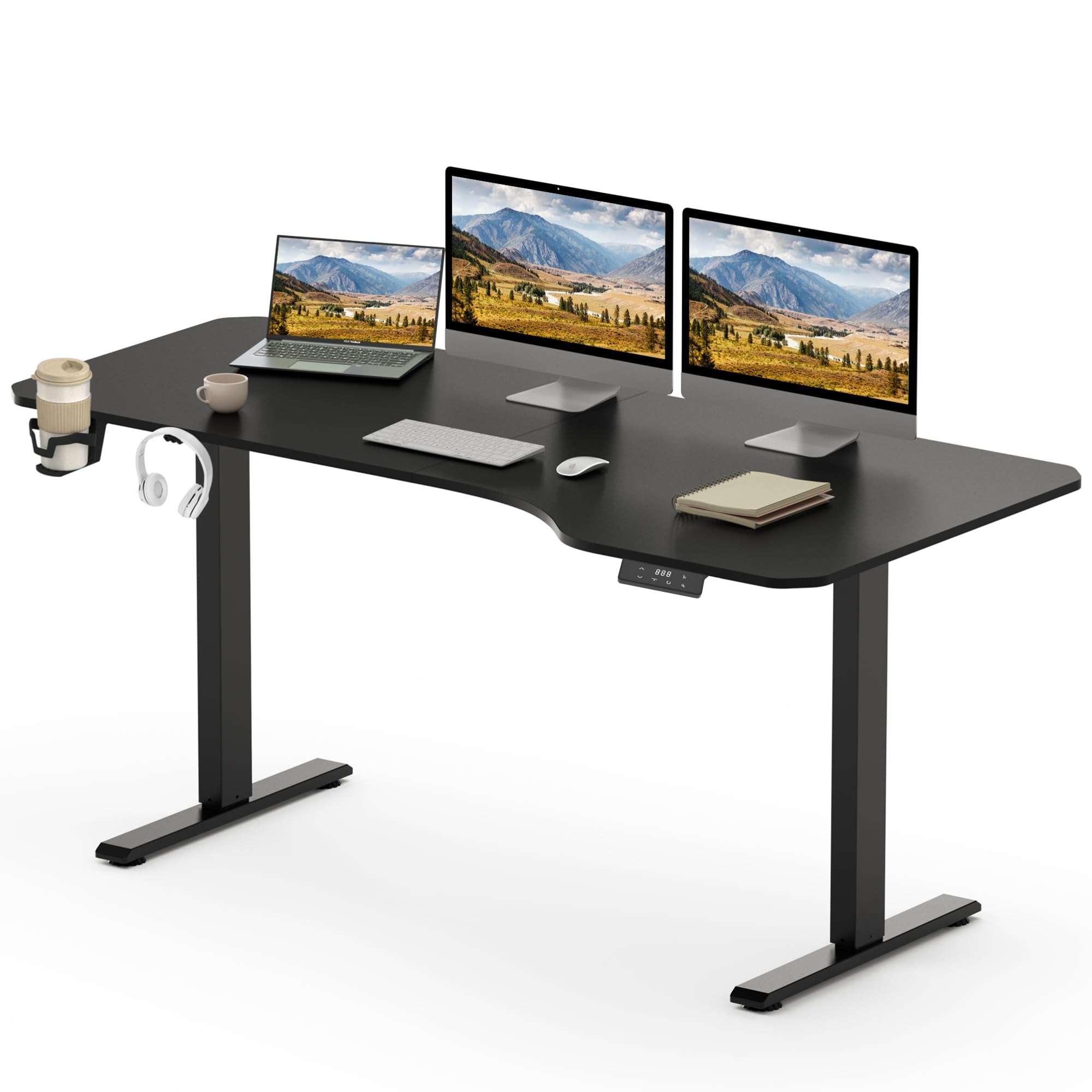 SANODESK Escritorio Elevable Eléctrico 160x75cm con Tablero(con Gancho/Portabotellas), Standing Desk, Escritorio Ajustable en Altura con Tablero, Función de Memoria, para Trabajo/Hogar(Negro)