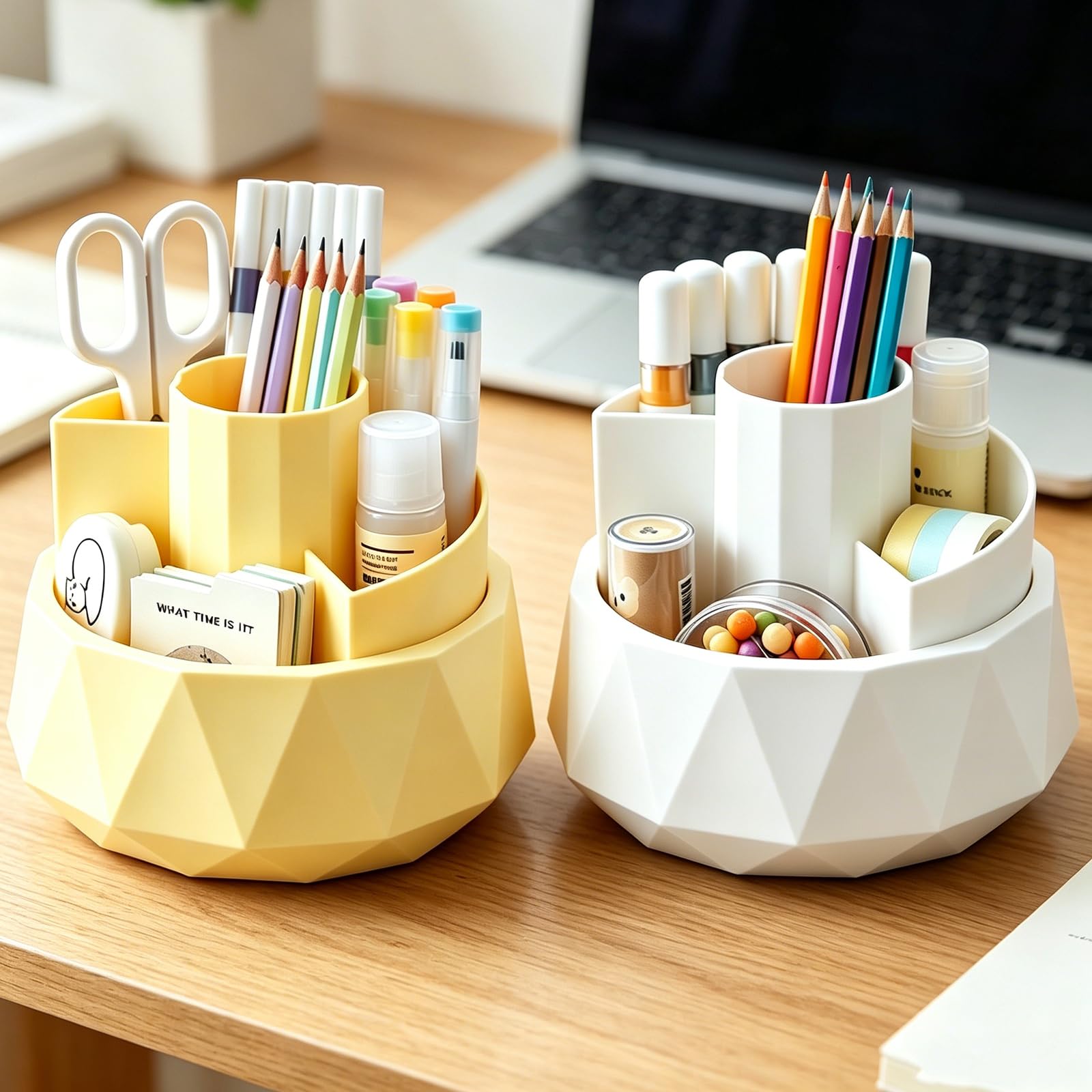 2 Pezzi Portapenne da Scrivania Girevole, Organizer da Scrivania Con 4 Scomparti Portamatite Rotabile a 360° per Matite Pastelli e Cancelleria (Bianco+Giallo)