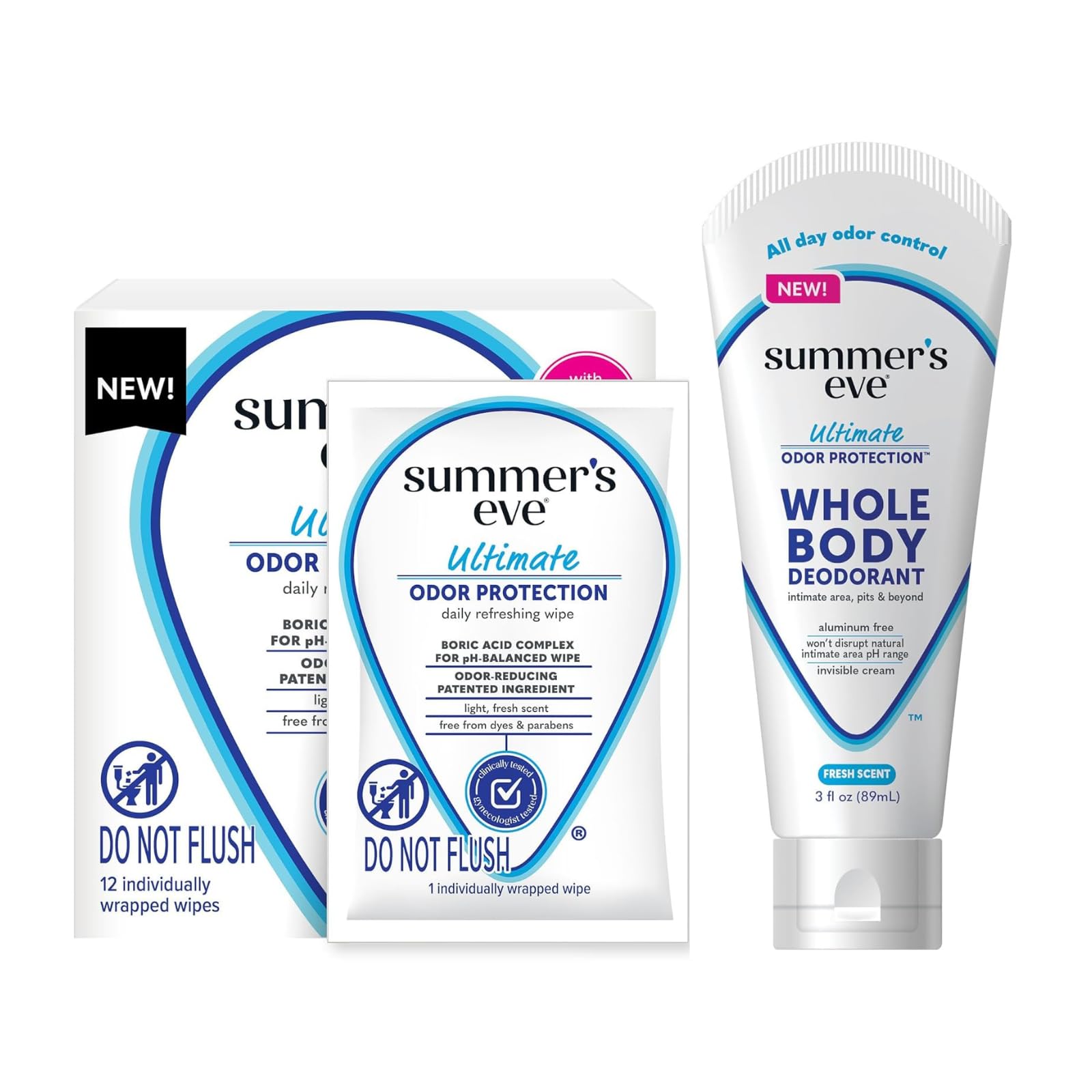 Whole Body Deodorant for Women, Ultimate Odor Control, Aluminum Free Deodorant, 3 Fl Oz + Daily Feminine Wipes with Boric Acid, Removes Odor, On-the-go Body Wipes with pH Balance, 12 ct
