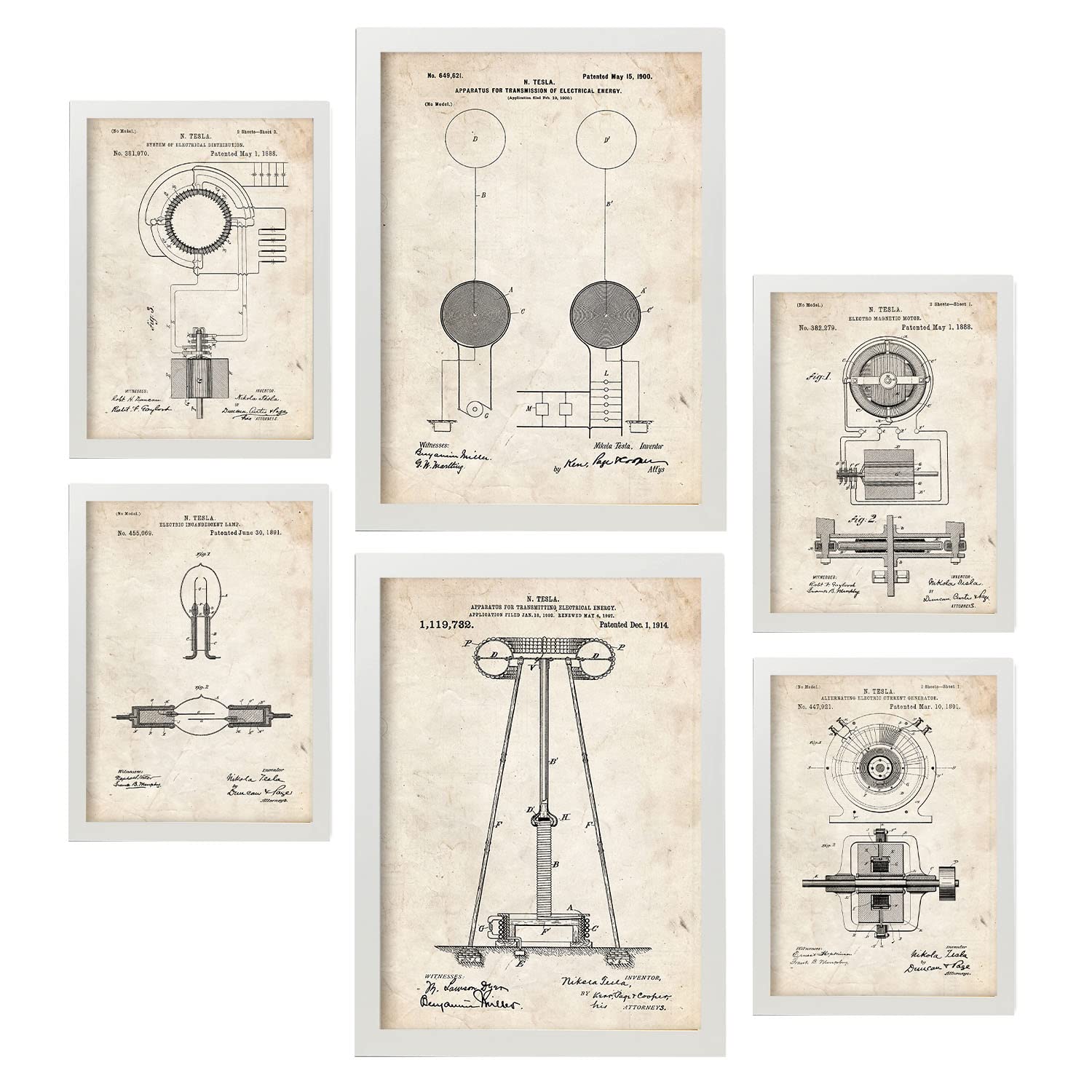 Nacnic Set of 6 Electricity 1 patent prints. Posters with retro patent illustrations for your home, shop, office... Vintage style interior decoration. A4 and A3 sizes. No frame.