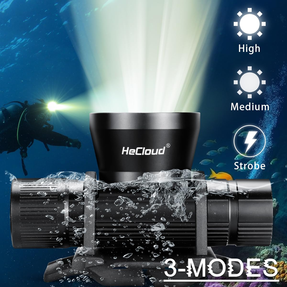 Lampe frontale de plongée super lumineuse 3000 lumens IP68 étanche rechargeable avec 3 modes, parfaite pour la plongée sous-marine, la plongée nocturne et l'exploration sous-marine