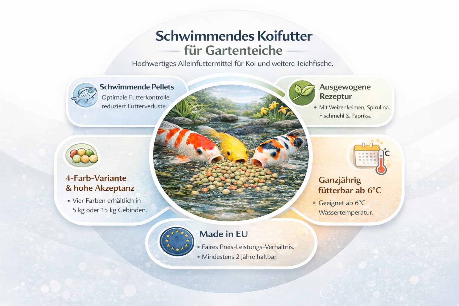 Koi Herdecke - 15 kg Fischfutter Mix für Koi's | Schwimmende Pellets von 6 mm | geeignet für Zierfische - Goldfische - Orfe - Shubunkin | 15 Kilo Pack - Alleinfuttermittel