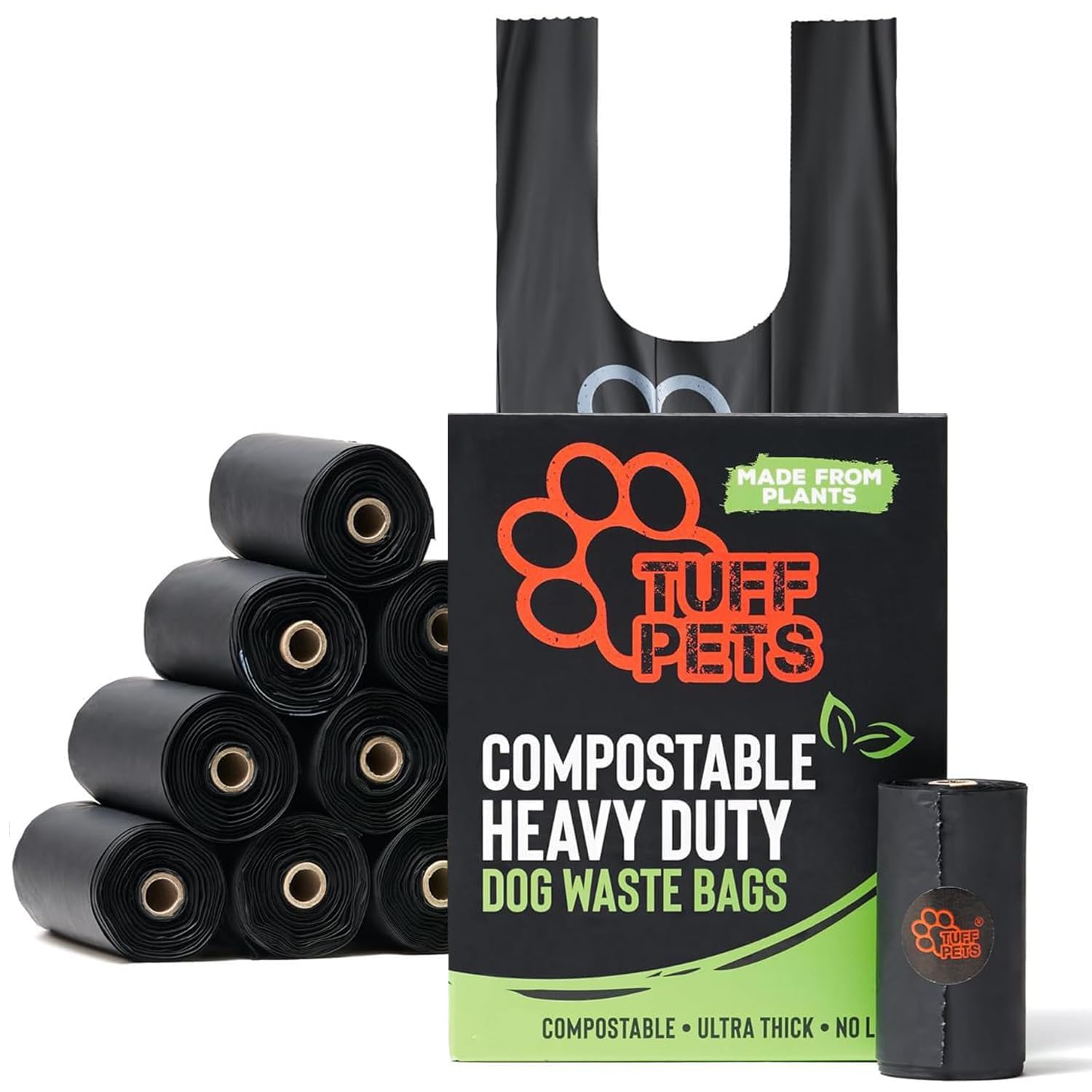 Tuff Pets Certified Compostable Heavy Duty Dog Poop Bag With Handles - 12 Rolls of Pet Waste Bags - Fits in any Dogs Poo Bag Dispenser or Holder -