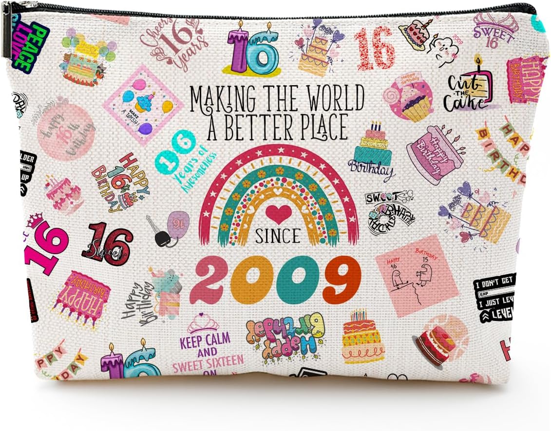 Sweet 16 Birthday Makeup Bag Gifts for Girls, Her, Teenage Girls, Sister, Daughter, Granddaughter, 2009 Funny 16th Year Old Girl Gifts Ideas Birthday Decorations, Cosmetic Travel Pouch