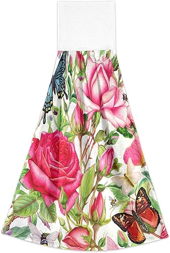 Miniatura 7 de Kitchen Towels with Hanging Loop, Soft Quick Dry Kids Kitchen Rags, 18.2 x 14 Inch, Set of 2, Botanical Roses Butterflies Retro