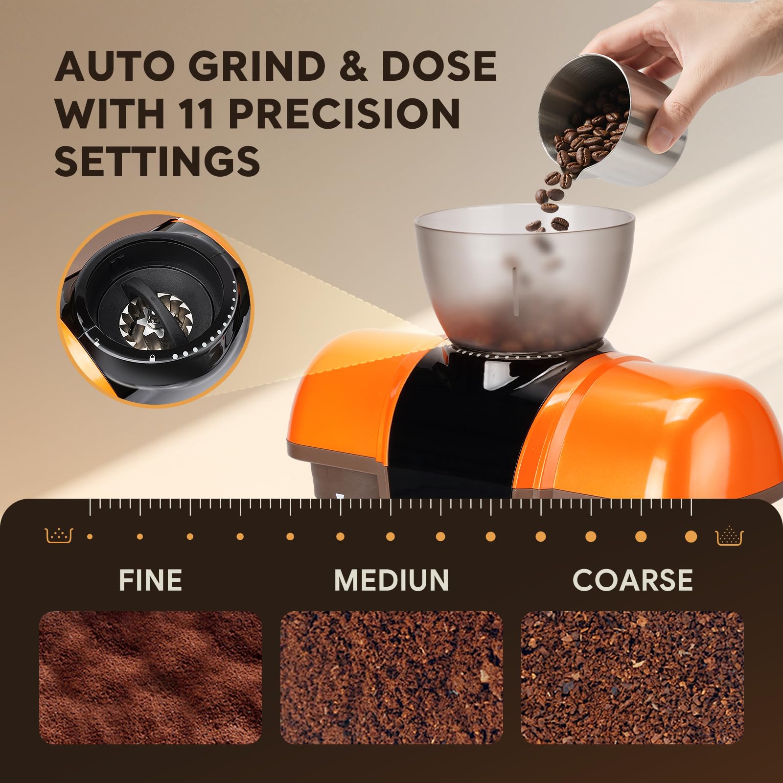RECAFIMIL19 Bar Espressomaschine mit Bohnenmühle, 2-in-1-Kaffeemaschine, Cappuccino- und Latte-Zubereiter mit Milchaufschäumer, Touchpanel, abnehmbarer Wassertank (Orange)