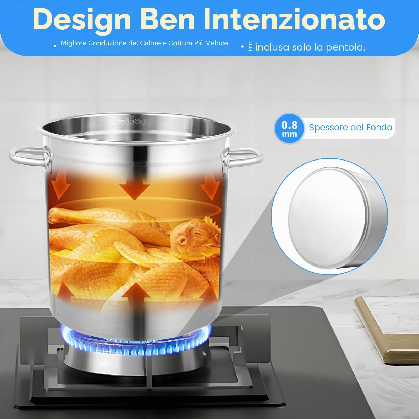 Gourmet Pentola (35 l), in acciaio inox con coperchio, pentola grande per il campeggio, pentola per la pasta, pentola ausiliaria per la cucina.