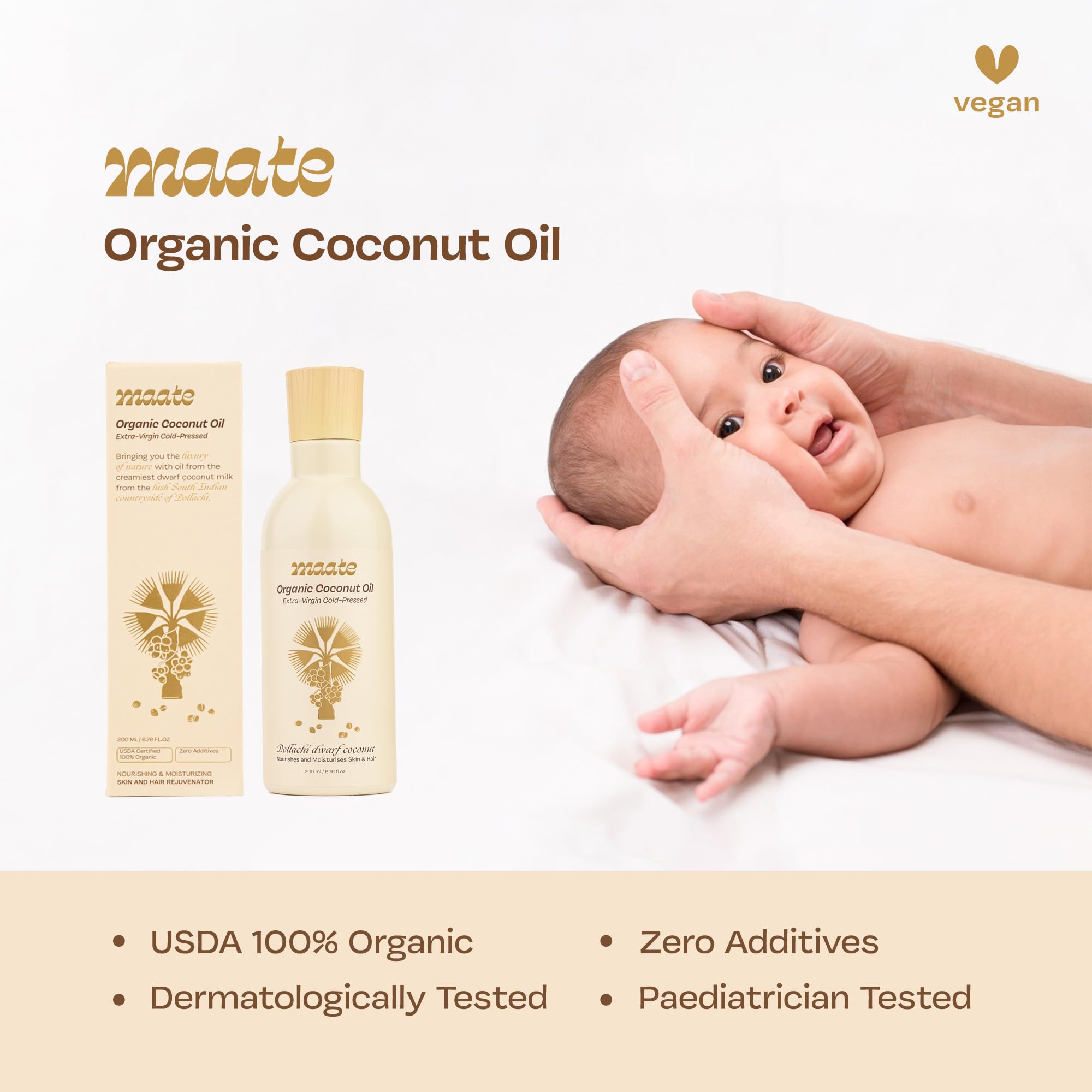 Maate Baby Organic Coconut Oil (Pack of 2*200 ml) | Extra Virgin Cold Pressed | Made With Pollachi Dwarf Coconut | for Baby Body Massage & Hair Care |Baby Hair Oil 0-12 Years |Nourishes & Moisturise 2