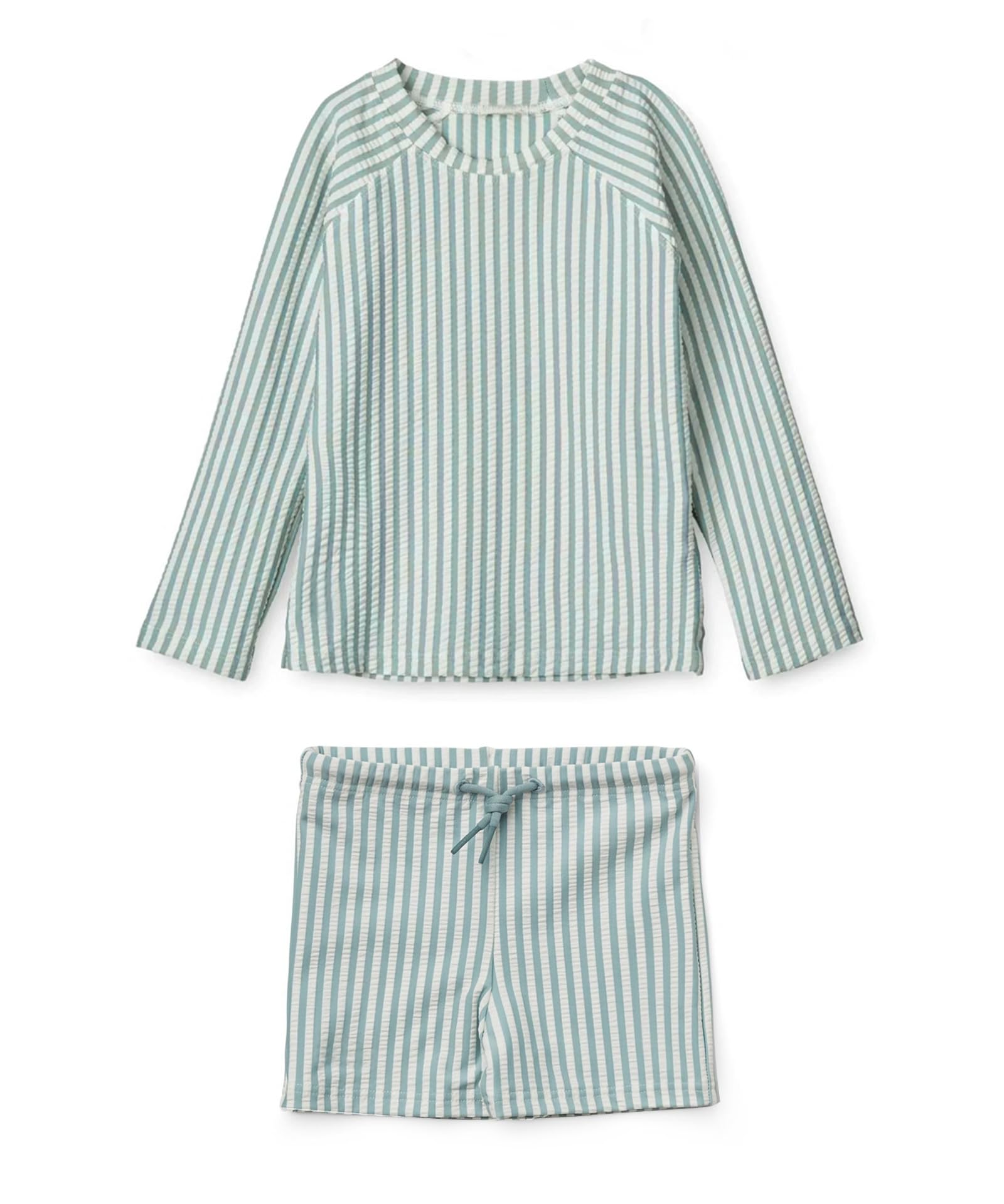 LDIOIF Toddler Boys Two Piece Swimsuit Rash Guard Set Long Sleeve Swim Shirt Swim Trunks& Shorts Blue Seersucker Bathing Suit