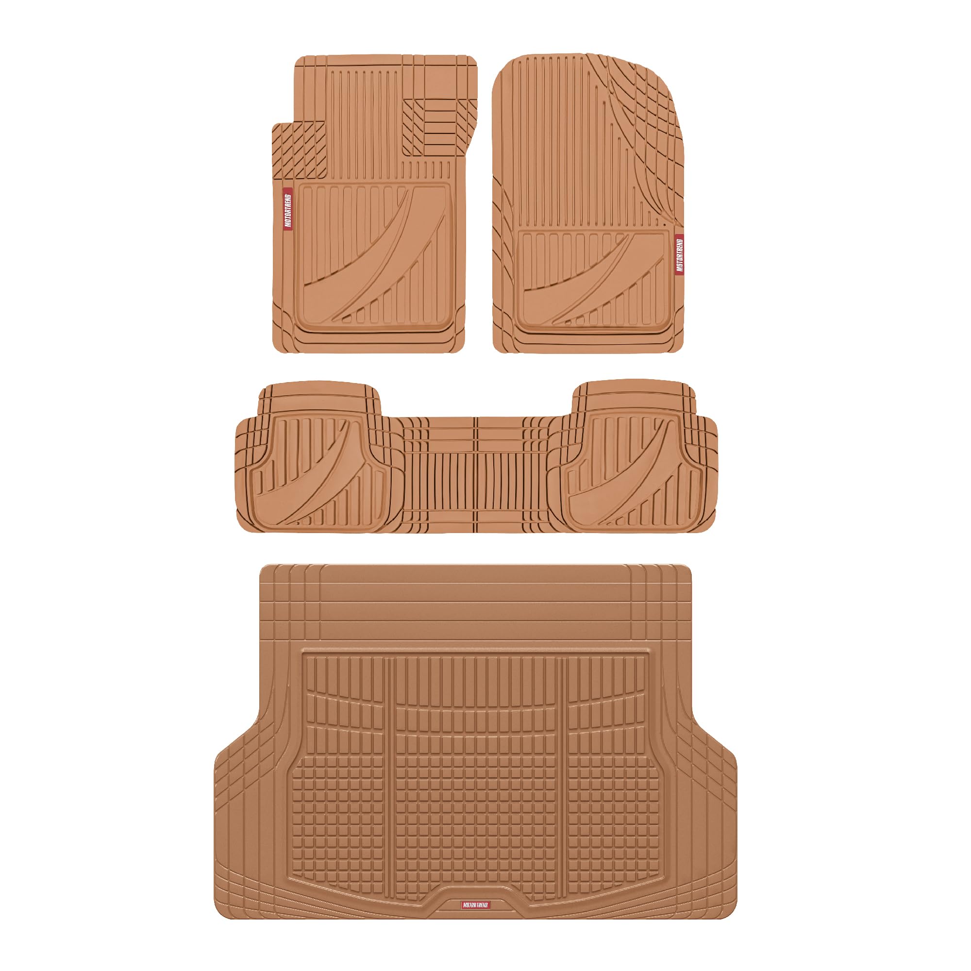 Motor Trend FlexTough Advanced Heavy Duty Beige Rubber Car Floor Mats & Cargo Liner for SUV & Car Full Set - Universal Trim to Fit All Weather Automotive Floor Mat & Cargo Liners for SUV, Car, & Van