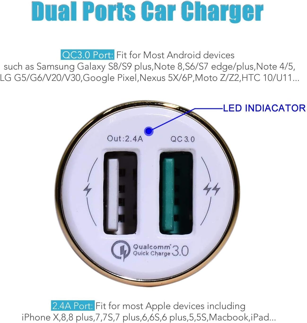 QC3.0 Fast Car Charger Compatible Samsung Tablet Phone Galaxy S6/ S7/ Edge/Plus/Active /A6 J7 J3 /Note 5 /Note 4, LG V10 G4 and Other Android Phones, Power Adapter and Micro-USB Cable