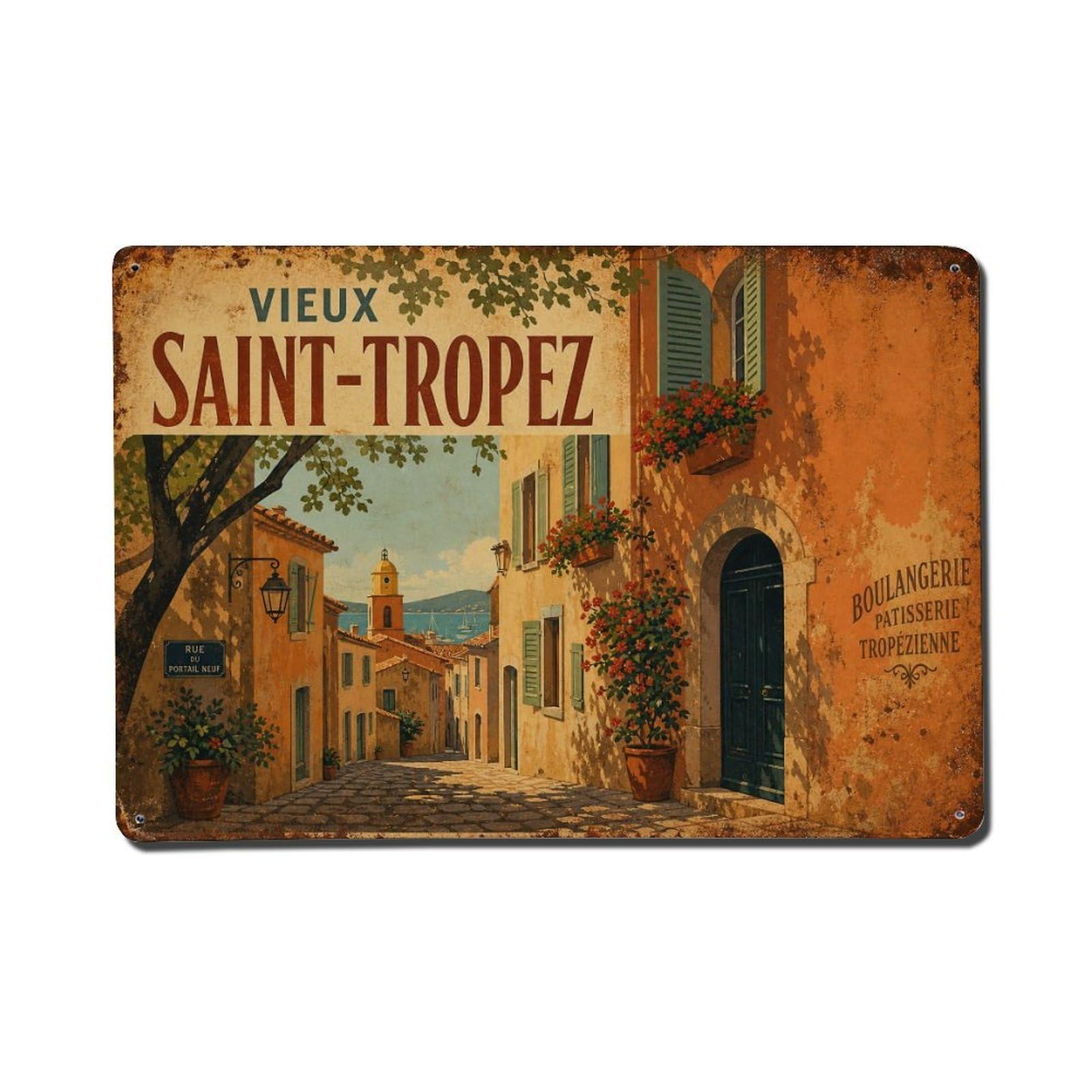 Vintage Travel Old Town Streets France Provencal Village Metal Tin Sign Wall Decor for Cafe, Club, Garden Metal Poster 8x12Inch
