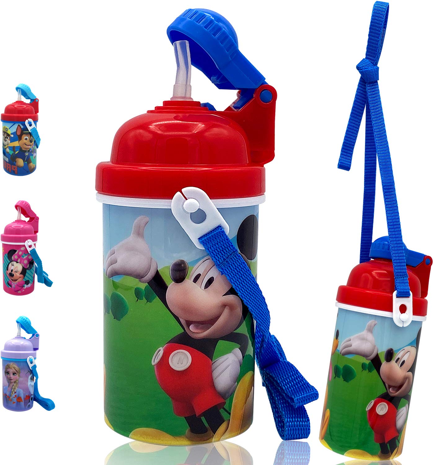 Zak Designs Disney Classic Mickey Carrying Strap One Touch Water Bottles with Reusable Built in Straw - Safe Approved BPA Free, Easy to Clean, for Kids Girls Boys, Goodies Home Travel
