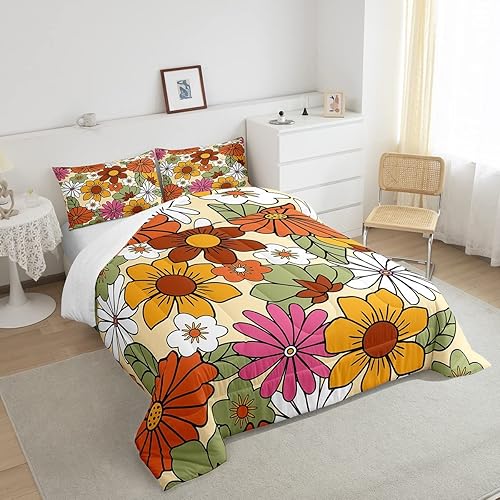 Miniatura 4 de Groovy - Juego de edredón floral tamaño King, juego de ropa de cama de flores coloridas para niños y adultos, edredón de plumón retro con flores de