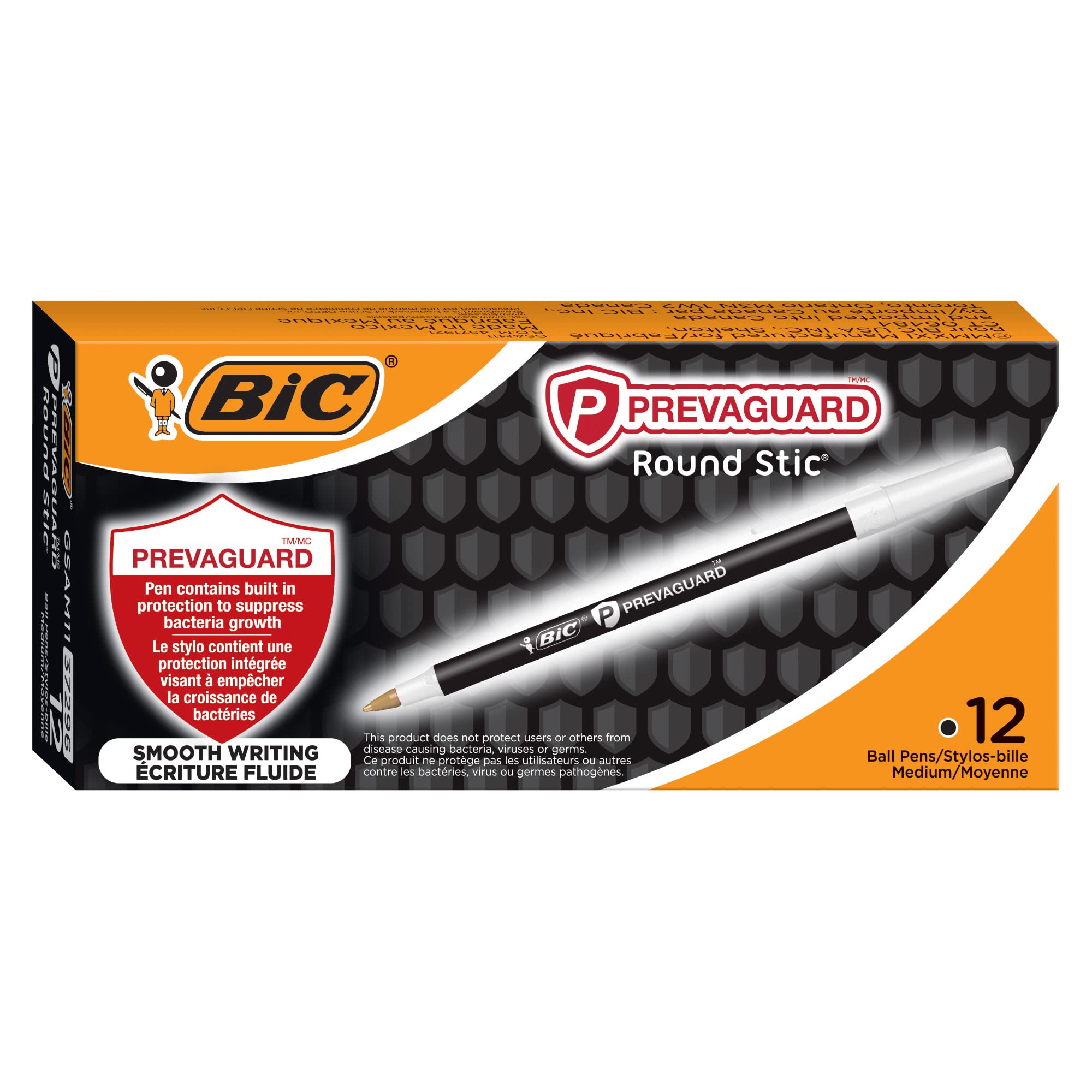 PrevaGuard Round Stic Ballpoint Pen With Built-in Protection To Suppress Bacteria Growth, Medium Point (1.0 mm), Black, 12-Count
