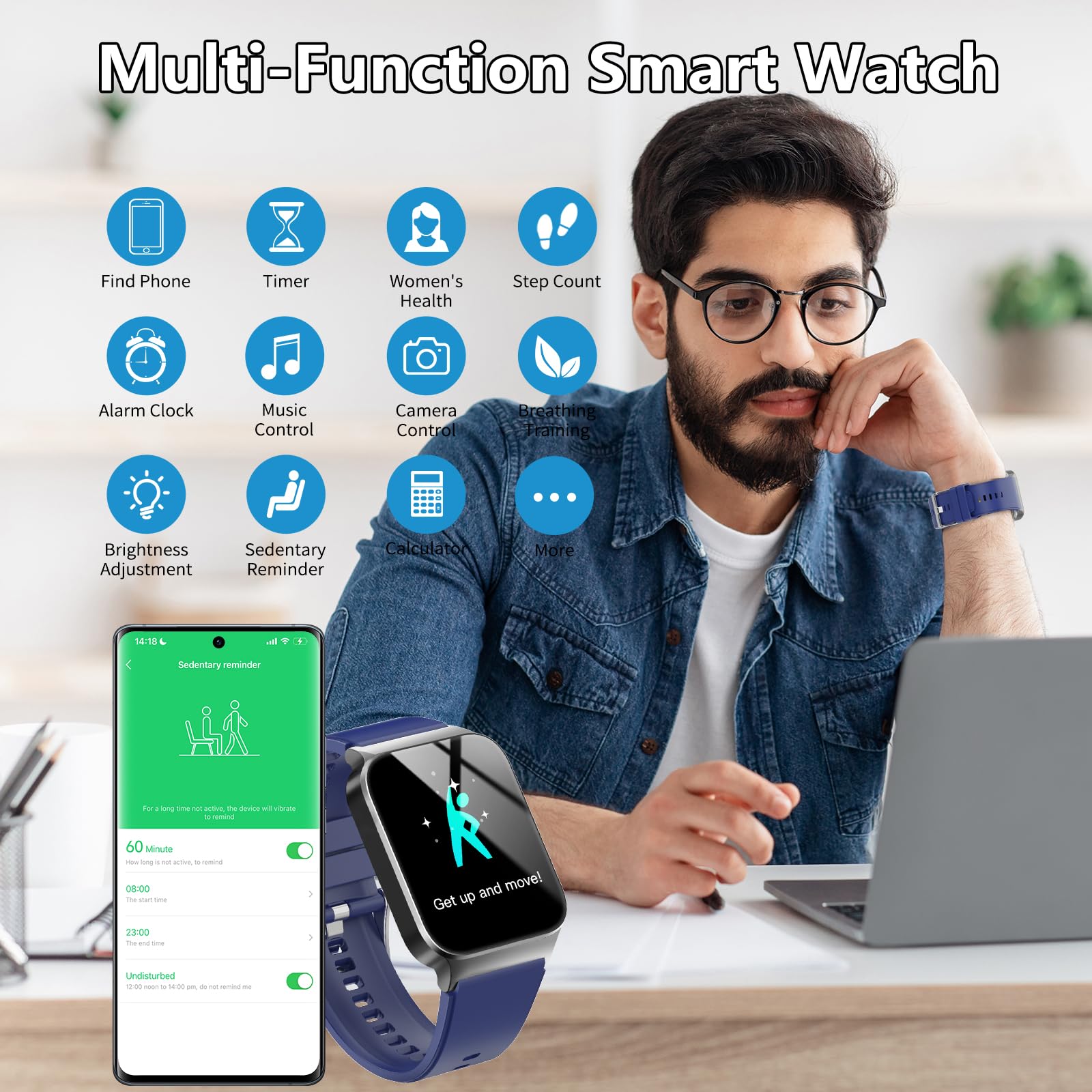 Smart Watch for Men Women Bluetooth Call, 1.85" HD Screen Smartwatch with Heart Rate/Sleep Monitor, 110+ Sport Modes Activity Trackers IP68 Waterproof, Fitness Watch for Android iOS, Black