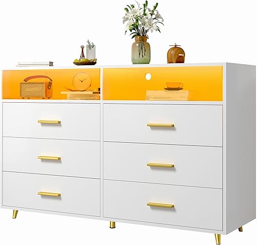 Miniatura 8 de EnHomee Cómoda para dormitorio, cómoda blanca con LED, cómoda alta con 5 cajones de madera, cómoda blanca para dormitorio, aparadores de dormitorio