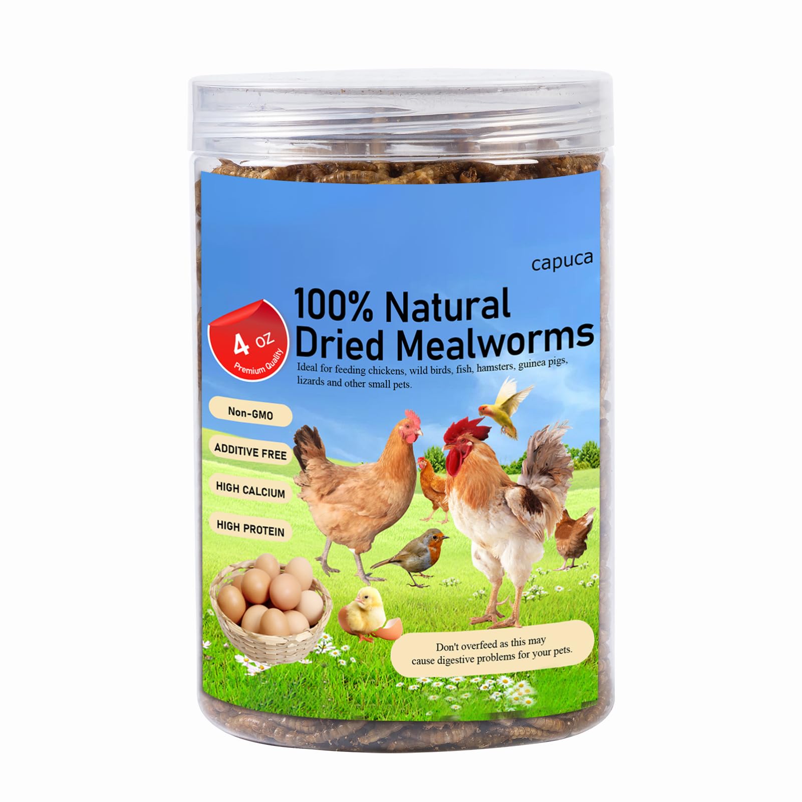 capuca Dried Mealworms Non-GMO Organic - Chicken Feed High Protein Meal Worms - Food and Treats for Wild Birds Ducks Fish Hamster Hedgehogs Turtles Reptiles (4Ounce)