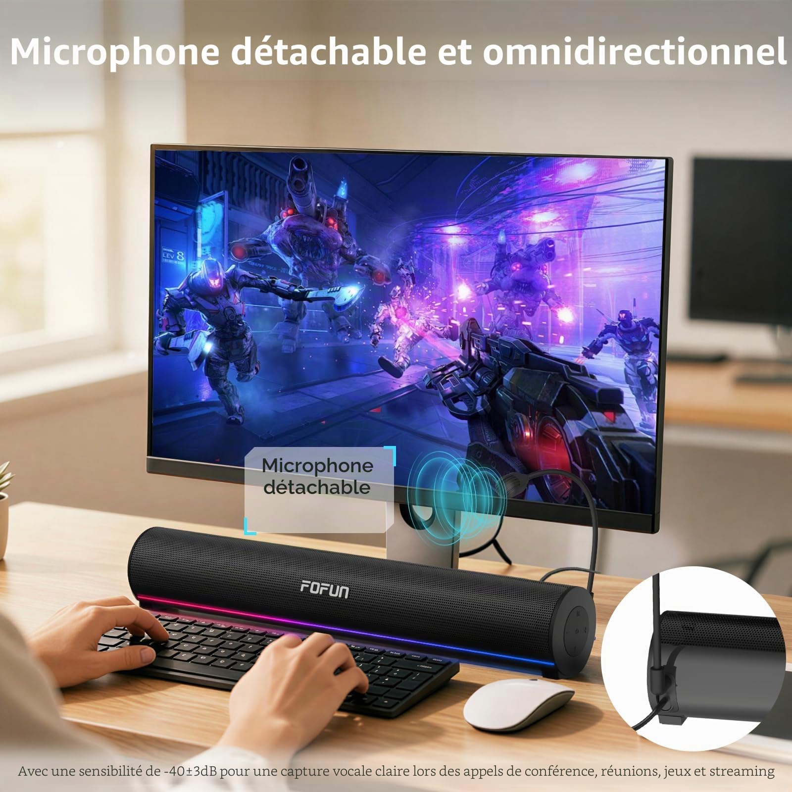 2 en 1 Barre de Son de Gaming avec Microphone Détachable,Enceinte PC Stéréo Alimentation USB,3 EQ Audio,Bluetooth 6.0 Soundbar pour Ordinateur Portable TV
