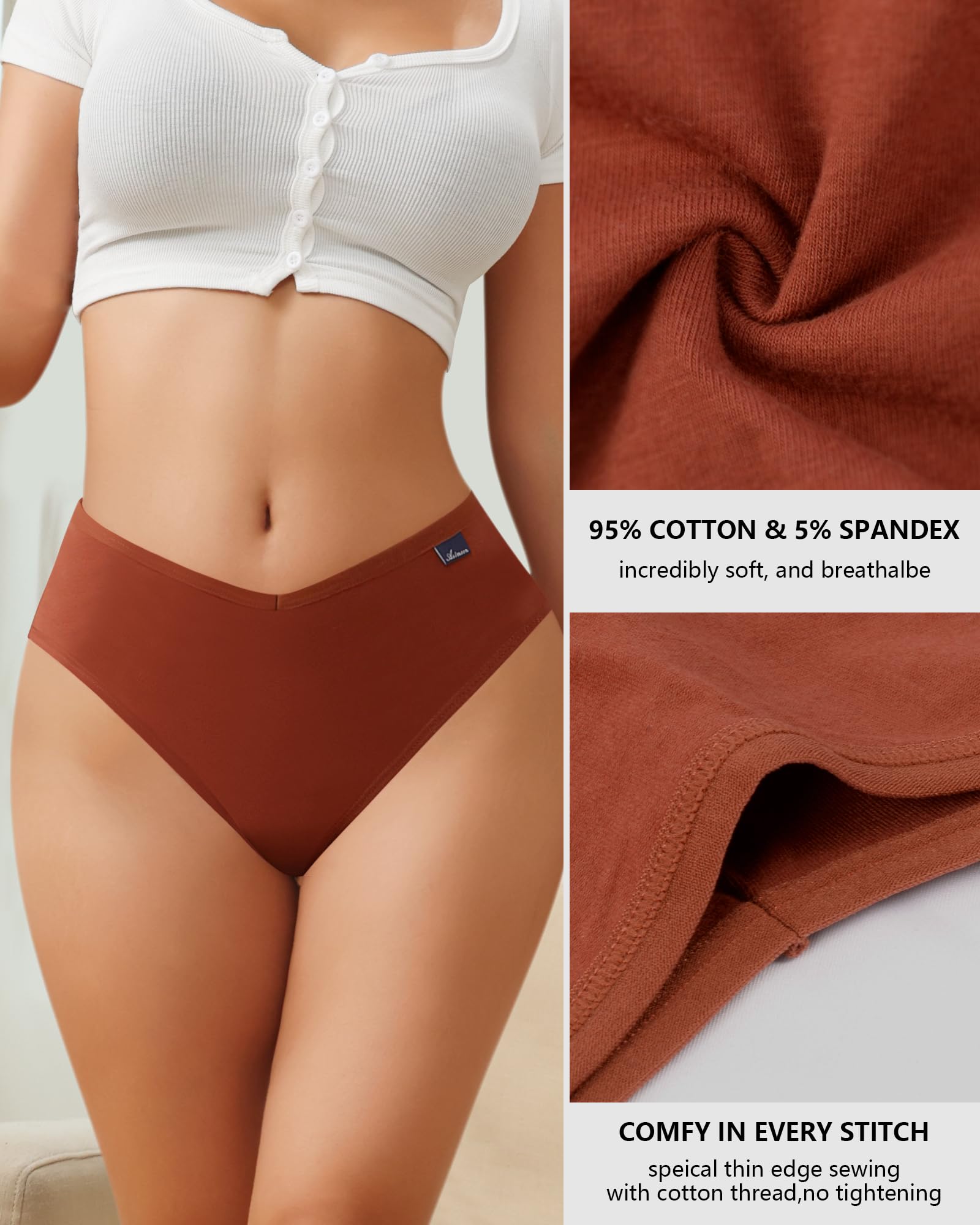 ASIMOON Ropa interior de bikini de algodón de cintura alta para mujer, sexy, de corte alto, braga elástica con cintura en V