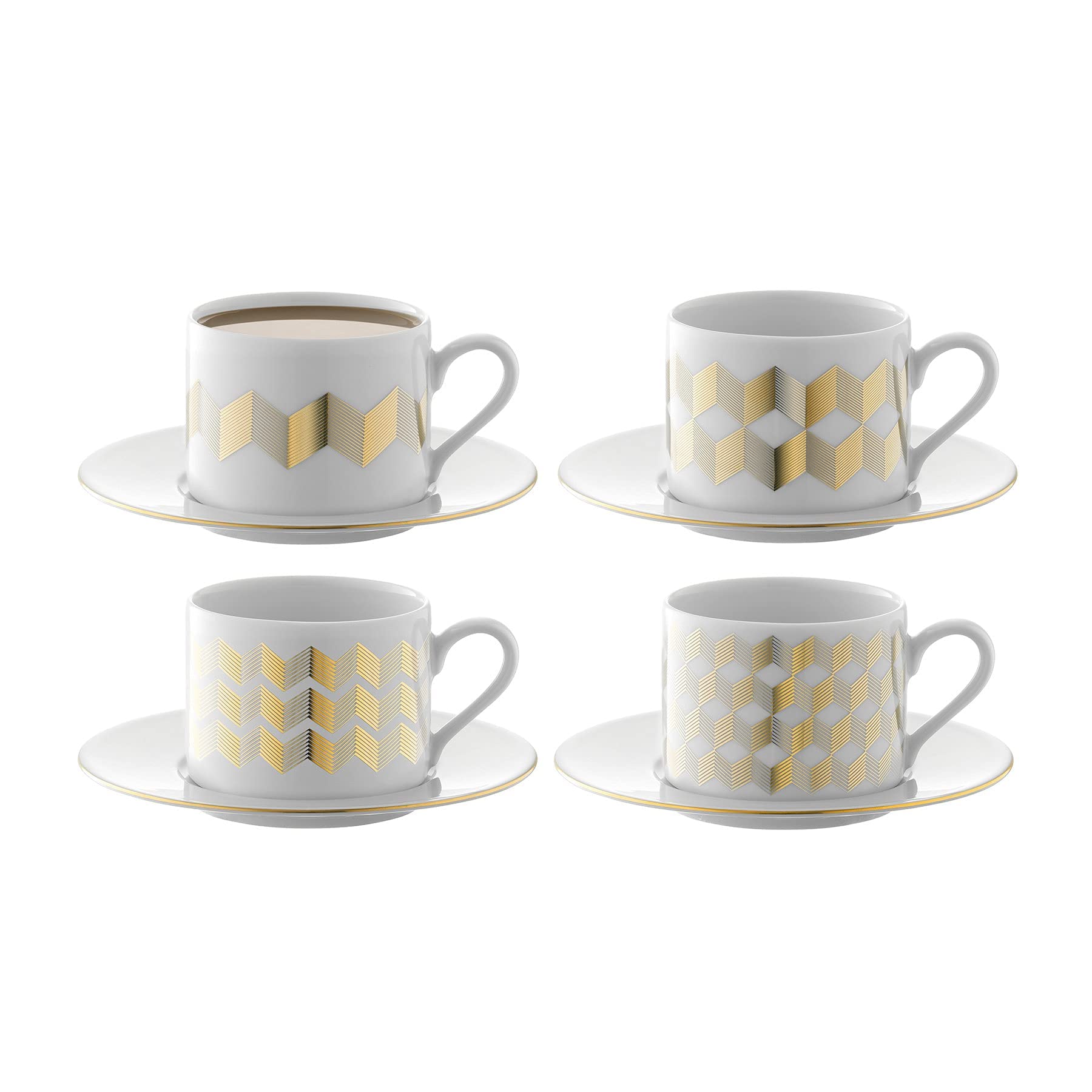 Chevron Teacup & Saucer 0.25L Gold Assorted | Set of 4 | Mouthblown & Handmade Glass | CH12