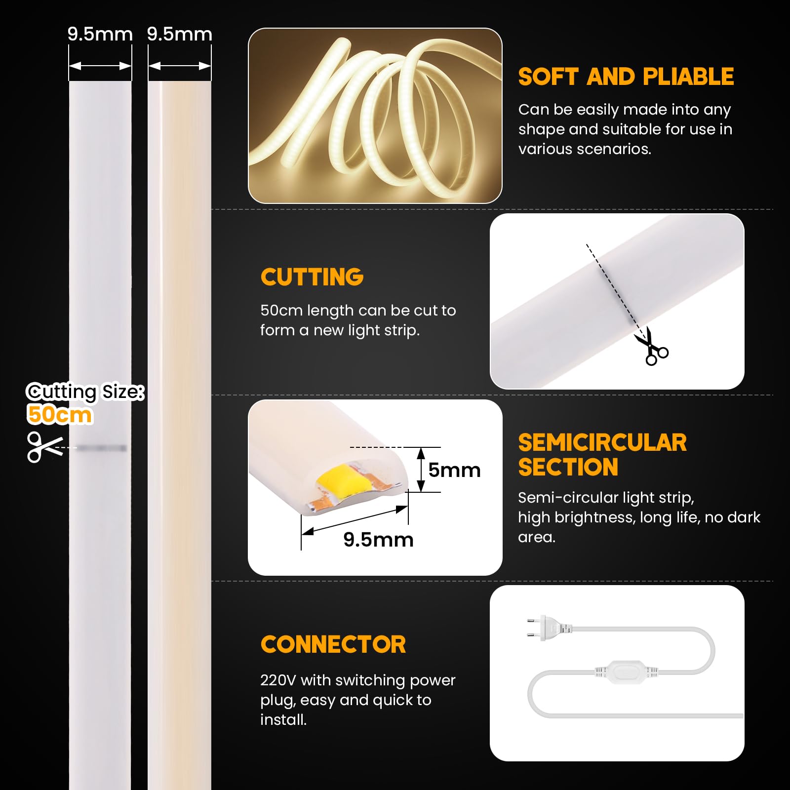 COB Neon LED Streifen, AC220-240V 288LEDs/m Superhell Flexible FCOB LED Leuchtband (Schnitt alle 50cm), COB LED Band mit Stromkabel für Weihnachten, Party Heim DIY Deko (Naturweiß, 10M)