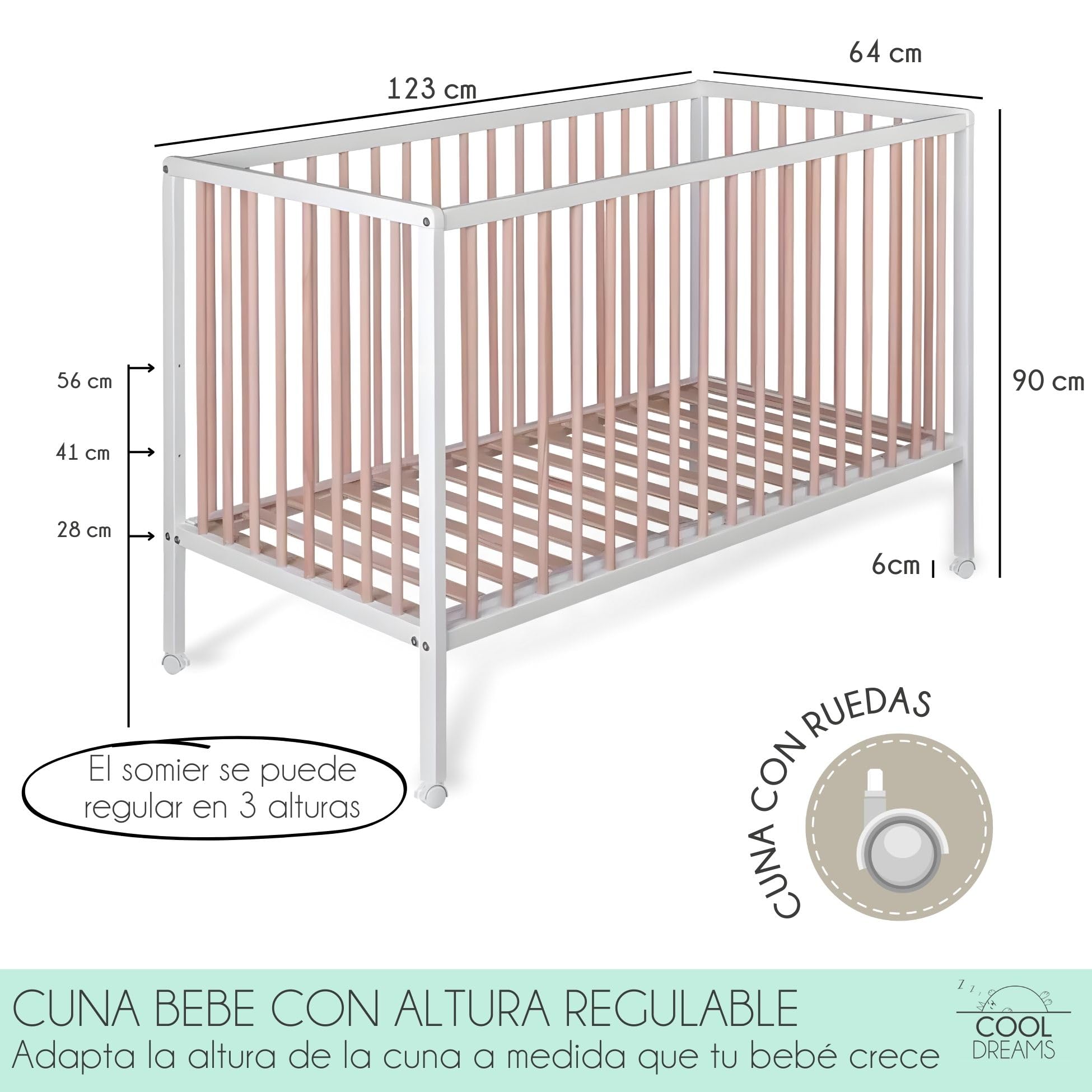 Cuna Colecho Madera para Bebé, 3 Alturas de Somier | Laponia CoolDreams | Estilo nórdico, color natural. Kit colecho y 4 ruedas con freno incluidos para unir a la cama.